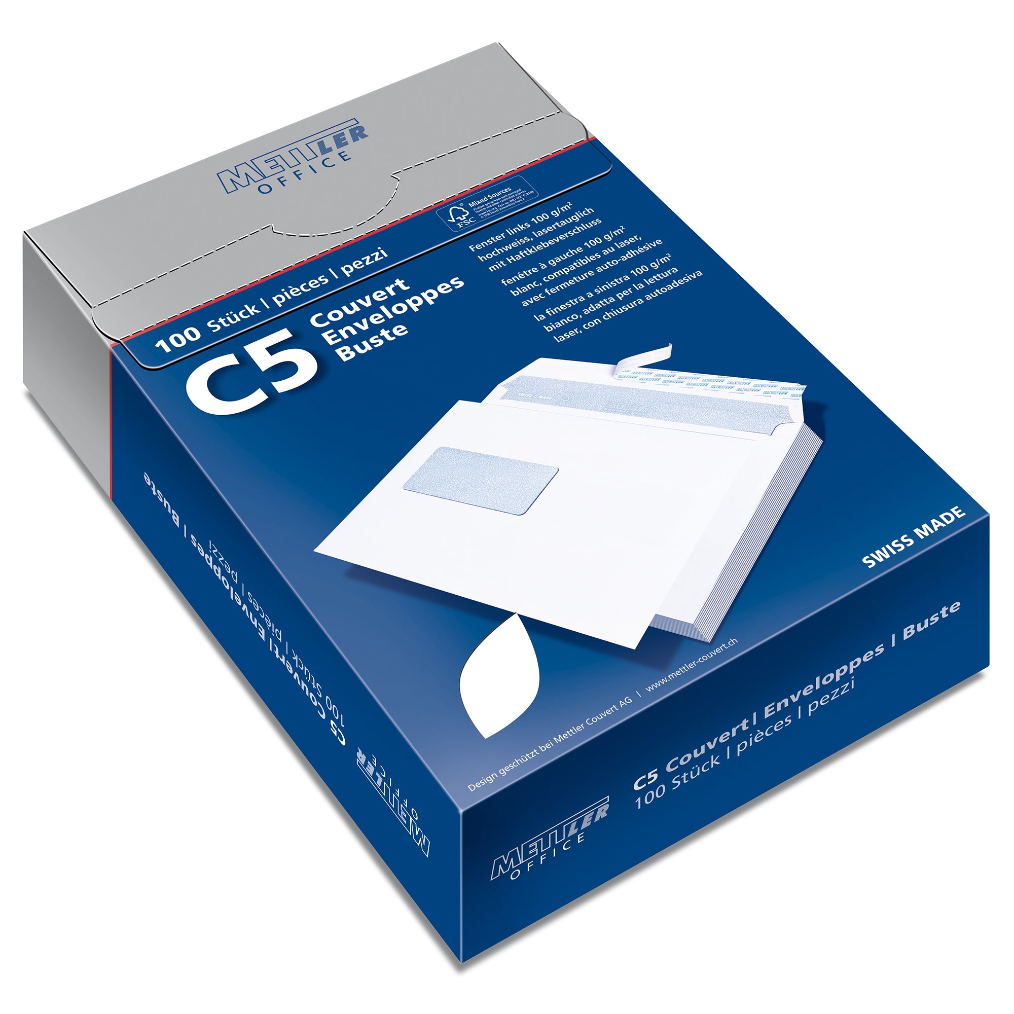 Mettler Couvert C5, Fenster links, Haftklebung, hochweiss, 100 g/m² – 100 Stk.