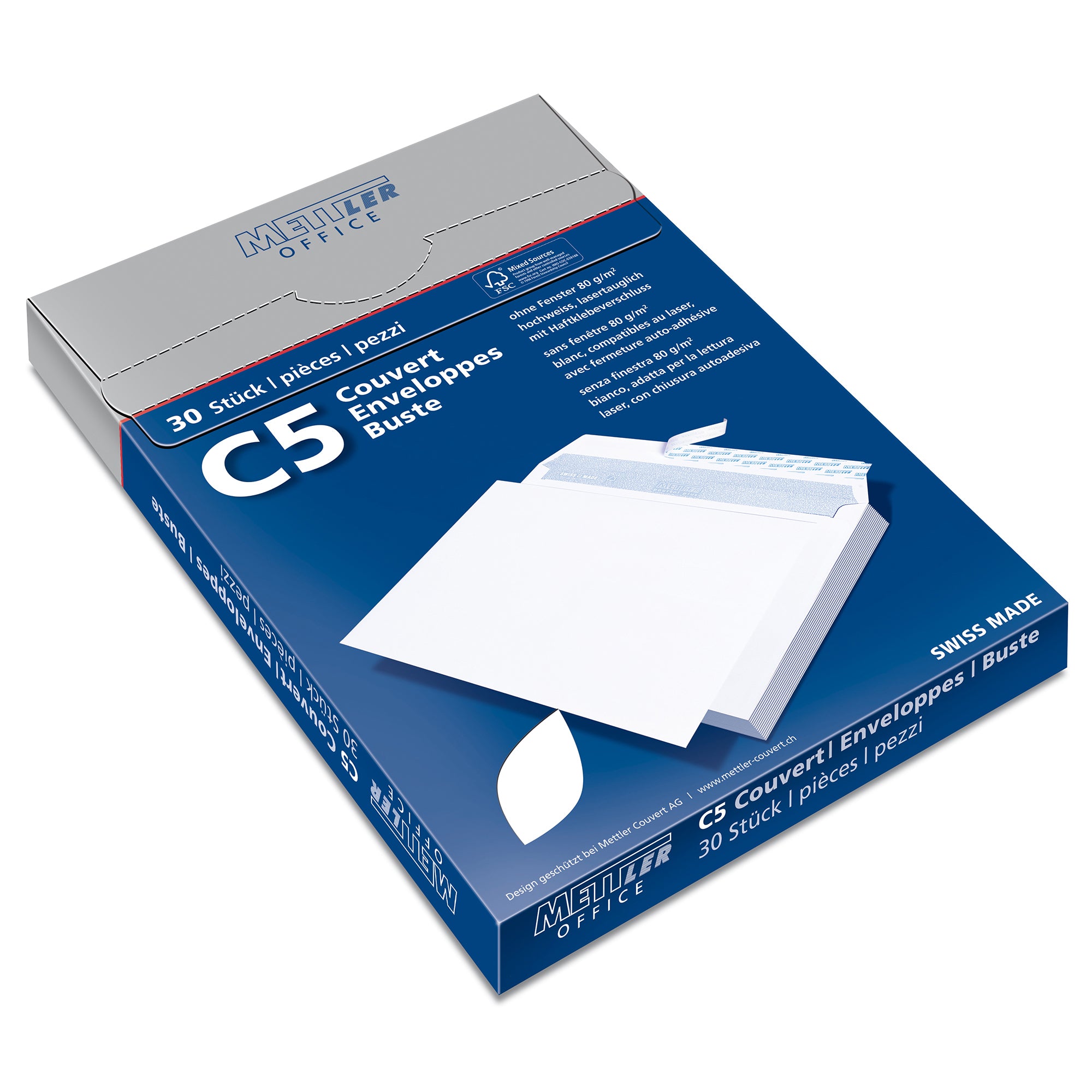 Mettler Couvert C5, ohne Fenster, Haftklebung, hochweiss, 100 g/m² – Mettler – 30 Stk.