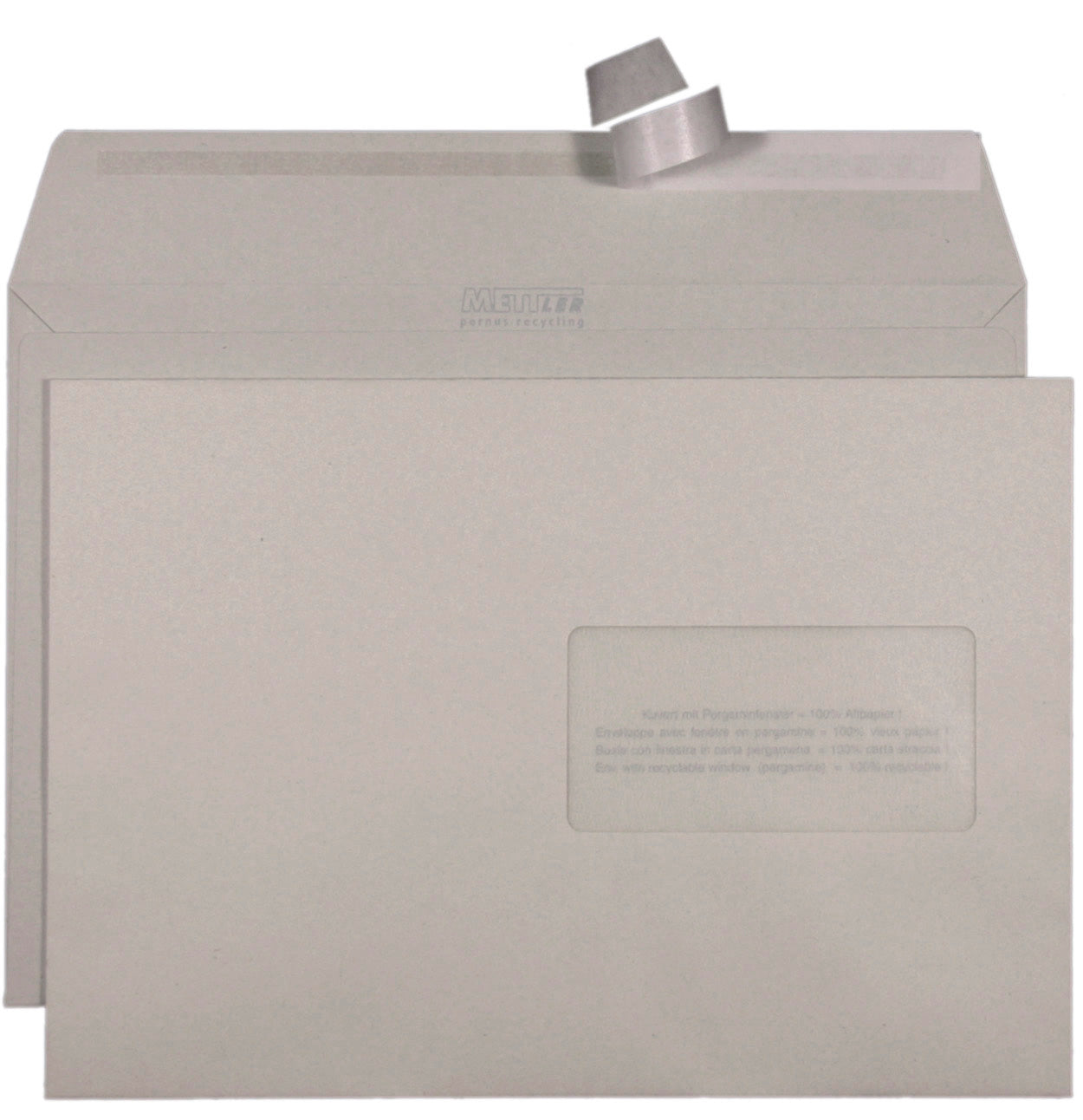 Mettler Couvert 266 × 192 mm, Fenster rechts, Haftklebung, grau, 100 g/m², Recyclingpapier – Mettler