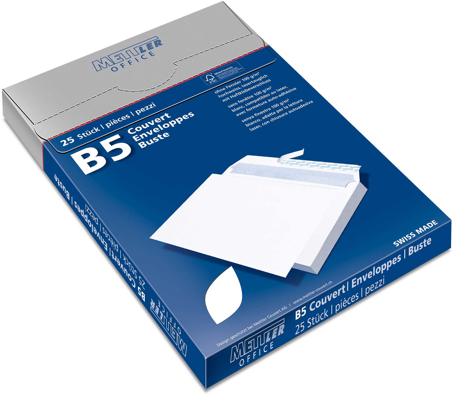 Mettler Couvert B5, ohne Fenster, Haftklebung, ultraweiss, 100 g/m², mit Innendruck – 25 Stk.