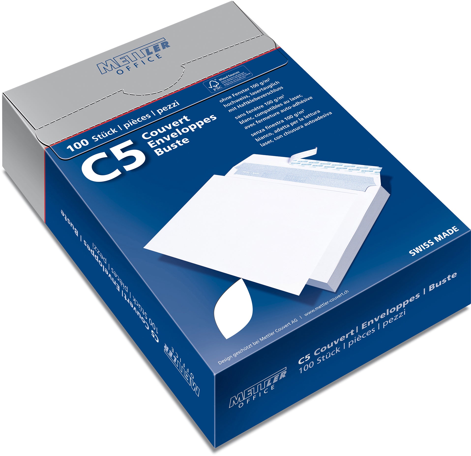 Mettler Couvert C5, Fenster links, Haftklebung, weiss, 100 g/m², recycling, mit Innendruck – 500 Stk.
