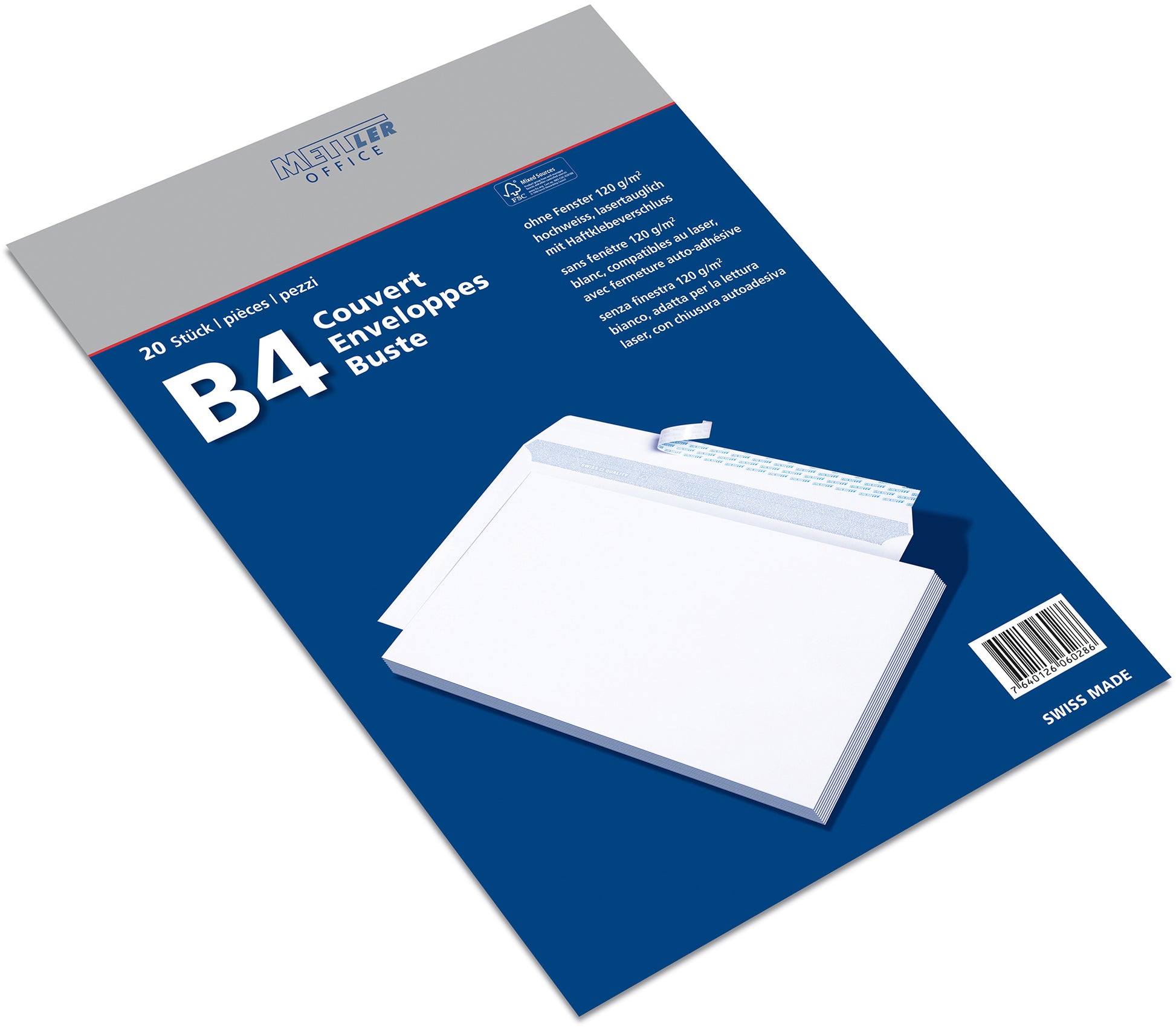 Mettler Couvert B4, ohne Fenster, Haftklebung, hochweiss, 120 g/m², mit Innendruck – 20 Stk.