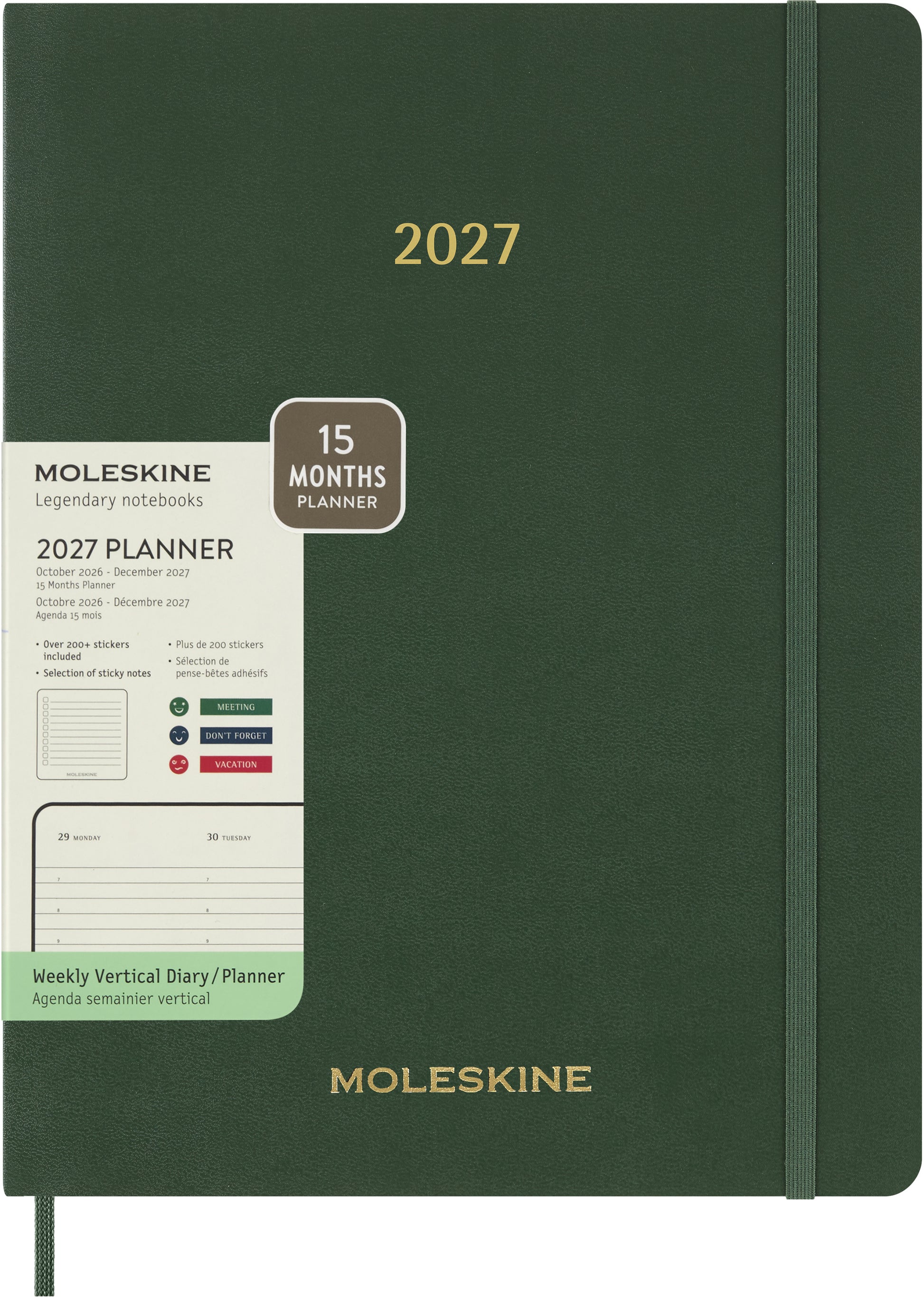 Moleskine Essential XXL – Wochenagenda 2027, 1 Woche/2 Seiten, 22,0 × 28,0 cm, Softcover, grün