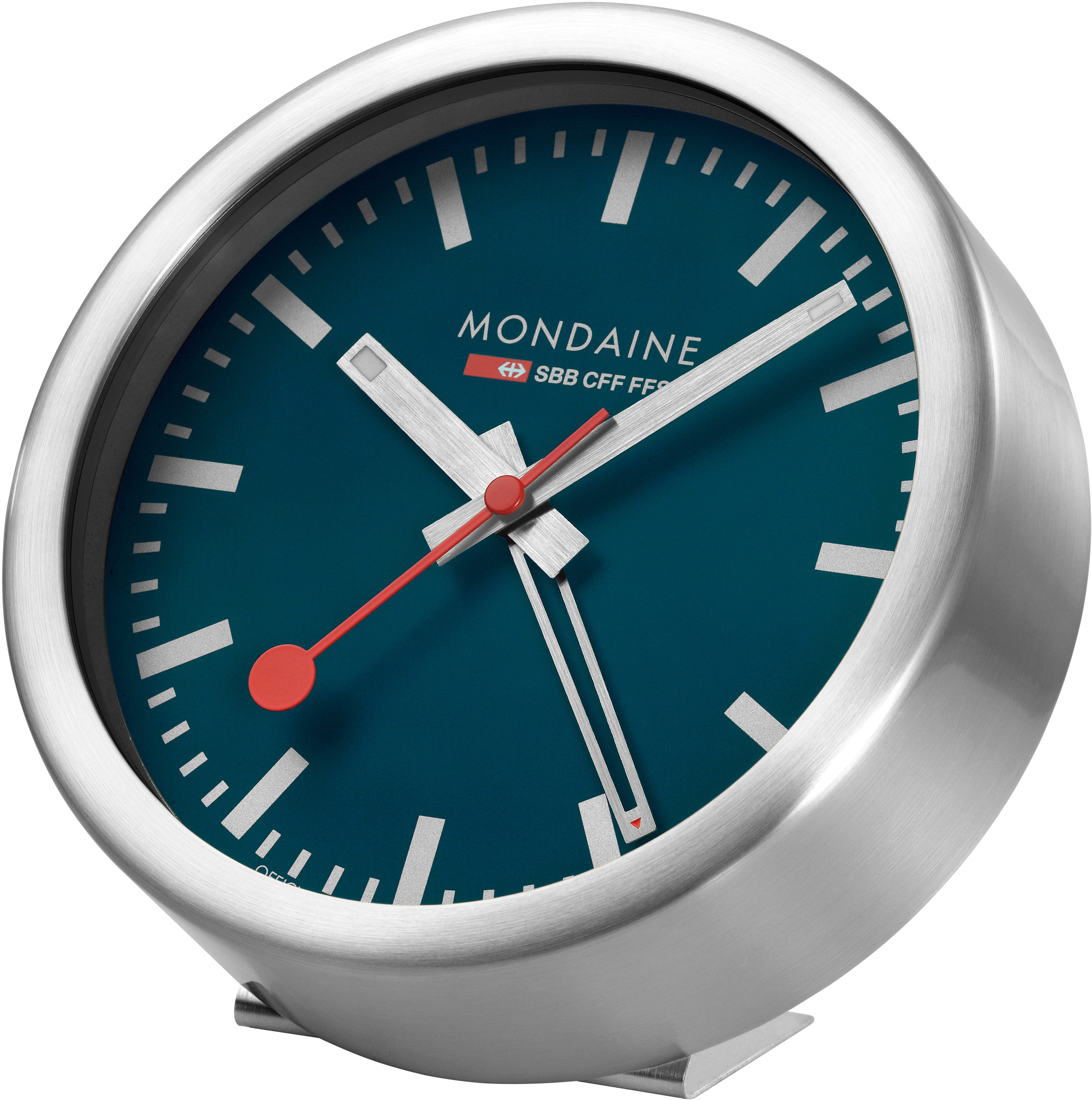 Mondaine A997.46SB Tischuhr – Analog, Weckfunktion, Ø 12,5 cm, Blau, Aluminium