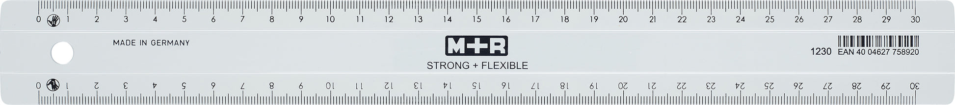 M+R Lineal – Kunststoff – 33 cm – Tuschekante, Facette – Skala cm/mm – Transparent