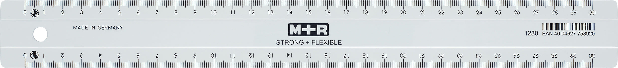 M+R Lineal – Kunststoff – 33 cm – Tuschekante, Facette – Skala cm/mm – Transparent