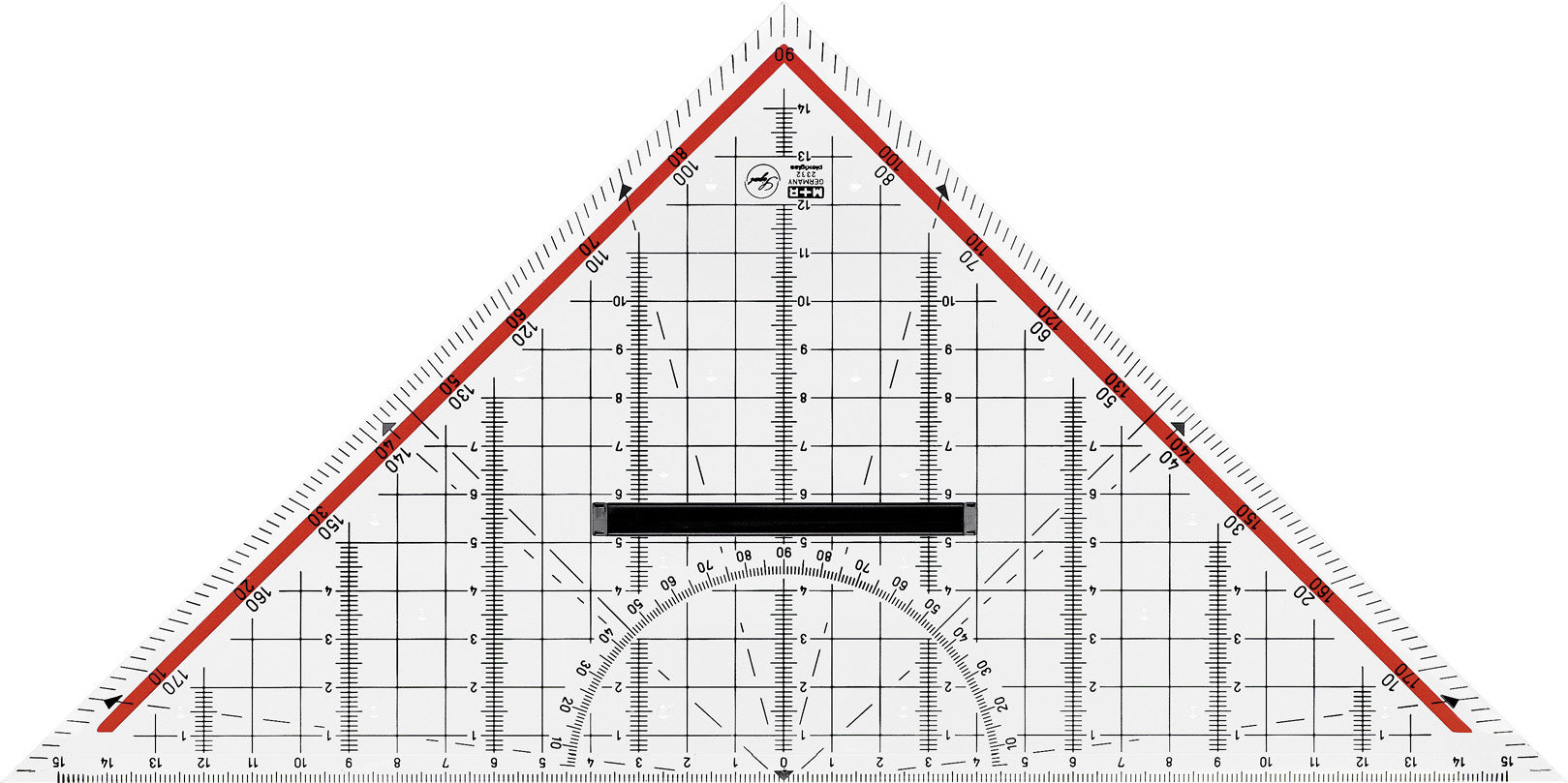 M+R Geodreieck, 36,5 cm – mit abnehmbarem Griff – Acrylglas, rot hinterlegt