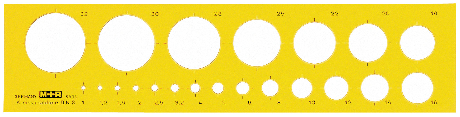 M+R Kreisschablone, Ø 1–32 mm, 30 × 11 mm, Gelb-Transparent