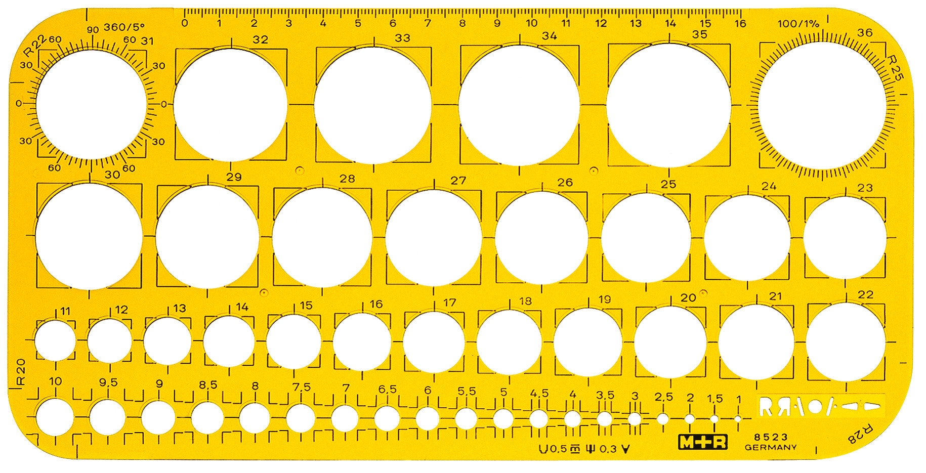 M+R Kreisschablone, 31,2 × 16,6 cm, Ø 1–36 mm, Kunststoff, Gelb-transparent