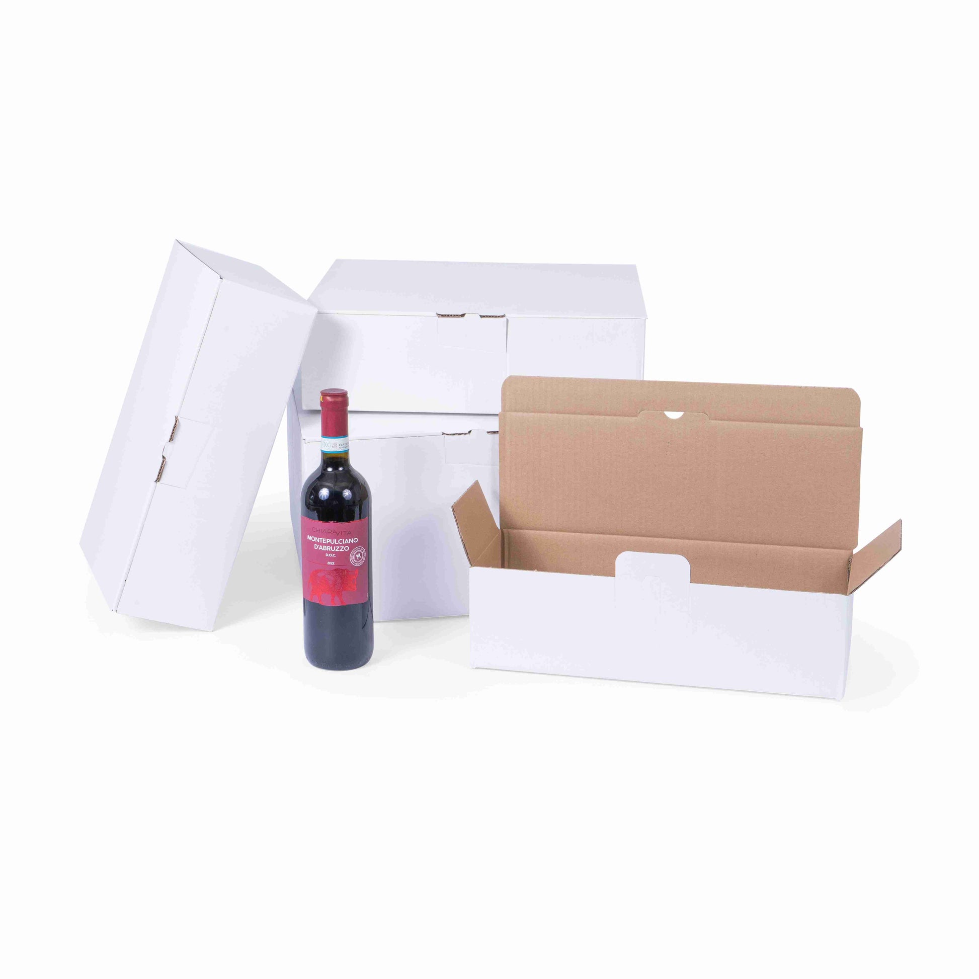 Model Versandkarton – für 2 Flaschen à 0,75 l (H 324 mm, Ø 85 mm) – 373 × 224 × 103 mm, Wellkarton, weiss