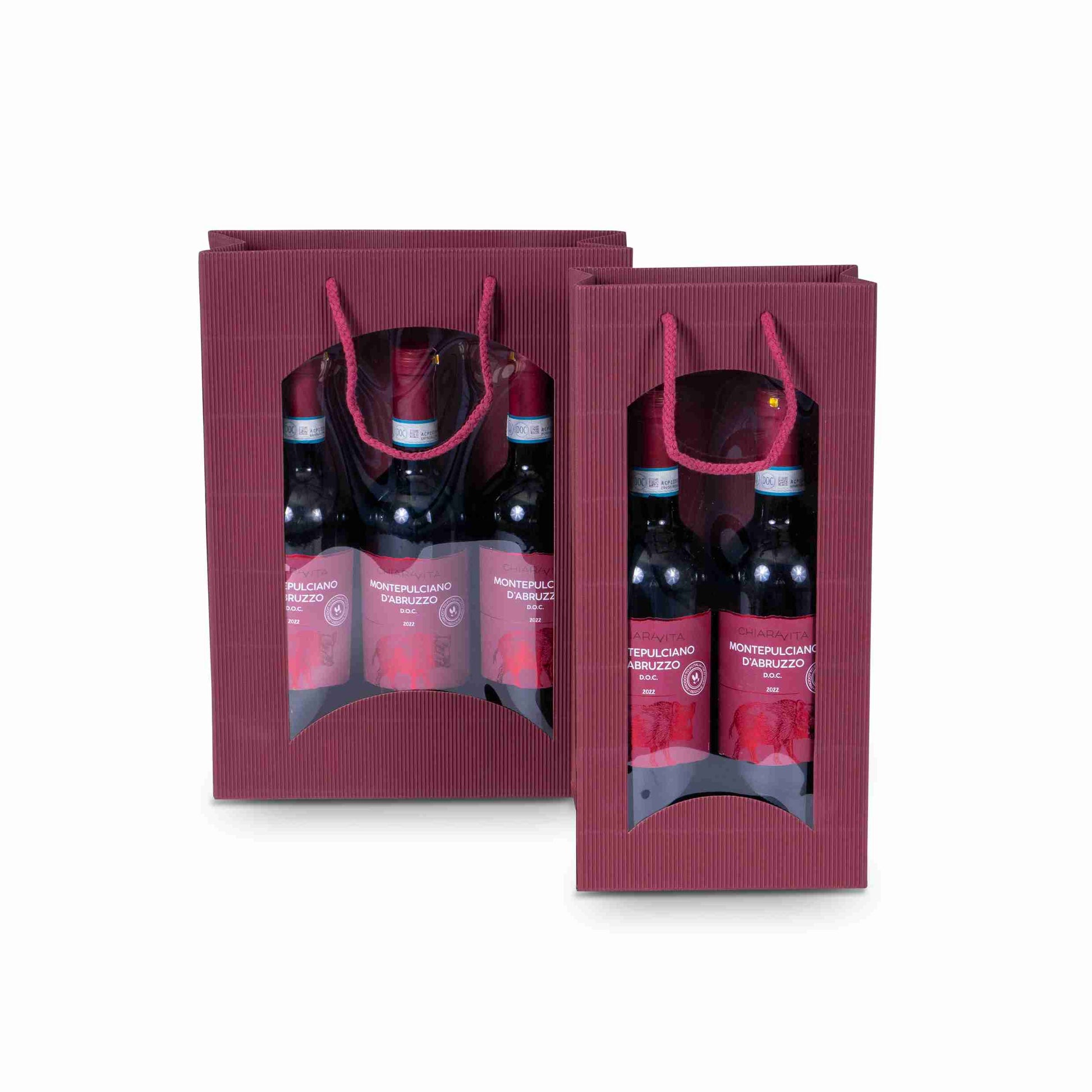 Geschenktasche bordeaux – 170 × 360 × 85 mm – Sichtfenster, offene Welle – für 2 Flaschen – 1 Stk., ab 400 Stk.