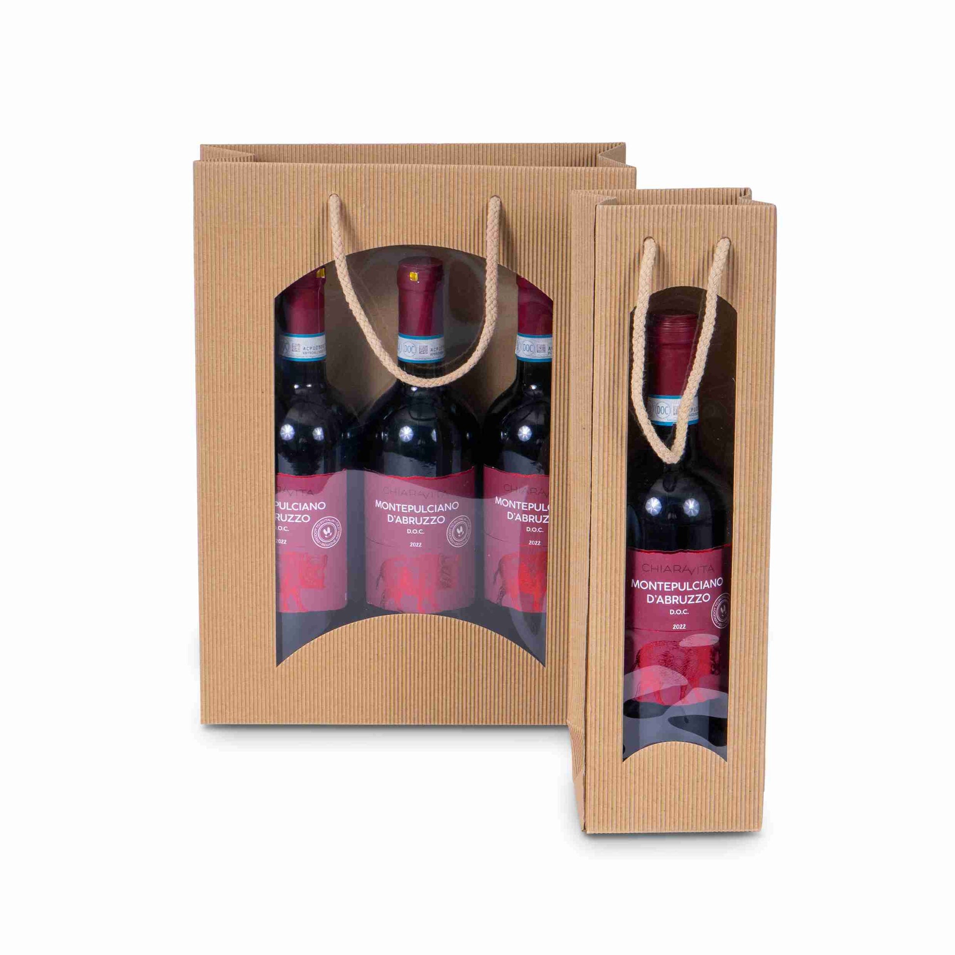 Model Flaschentüte mit Sichtfenster, offene Welle, natur – 100 × 360 × 85 mm – für 1 Flasche – 1 Stk., ab 400 Stk.