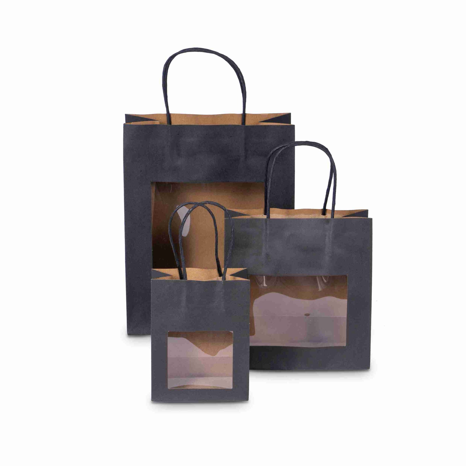 Model Geschenktasche Sichtfenster, Kordel, schwarz – 180 × 190 × 80 mm – 1 Stk., ab 50 Stk.
