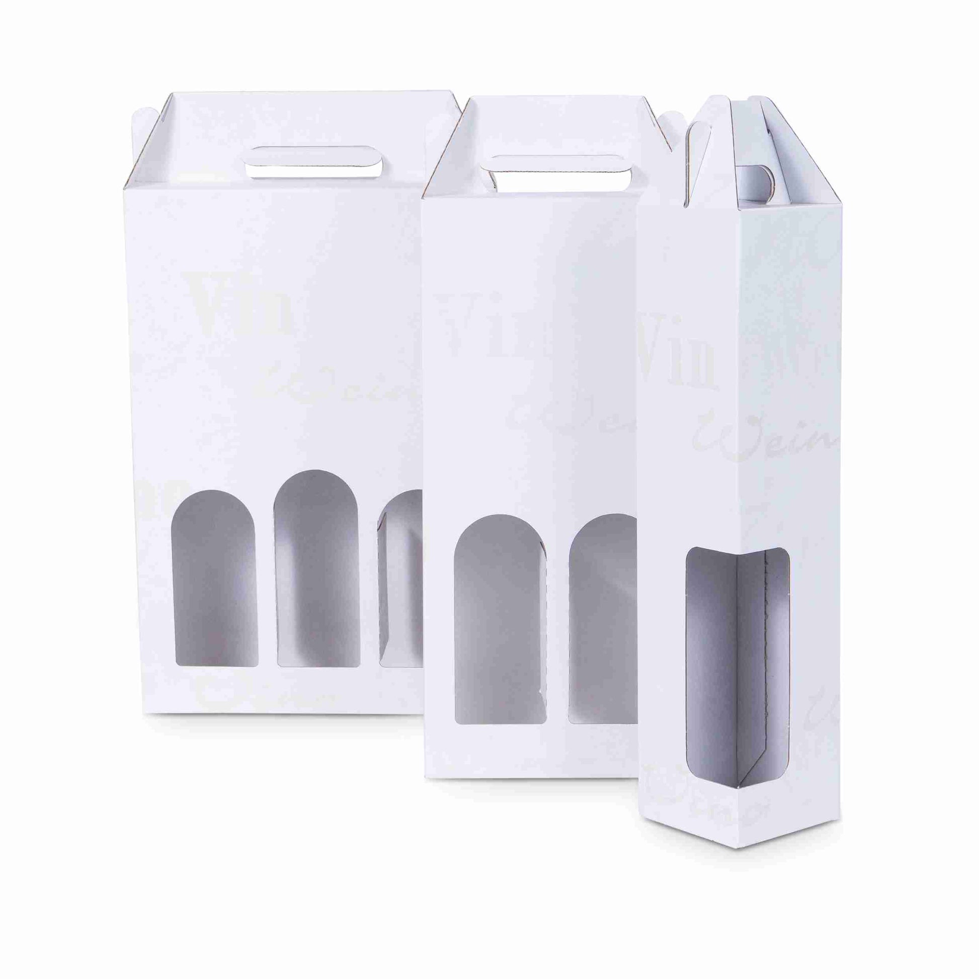 Model Weinpräsentkarton Wellkarton weiss – Innenmass 248 × 362 × 82 mm – für 3 Flaschen – 1 Stk., ab 100 Stk.