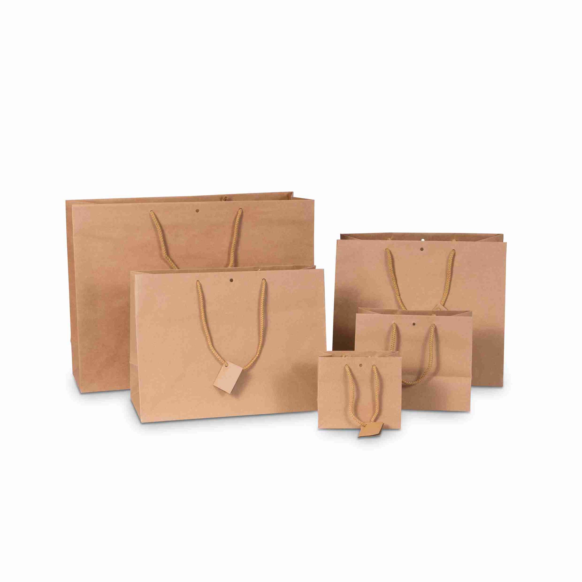 Model Geschenktasche braun – 390 × 180 × 290 mm – mit Etikette, Blockboden – 1 Stk., ab 200 Stk.