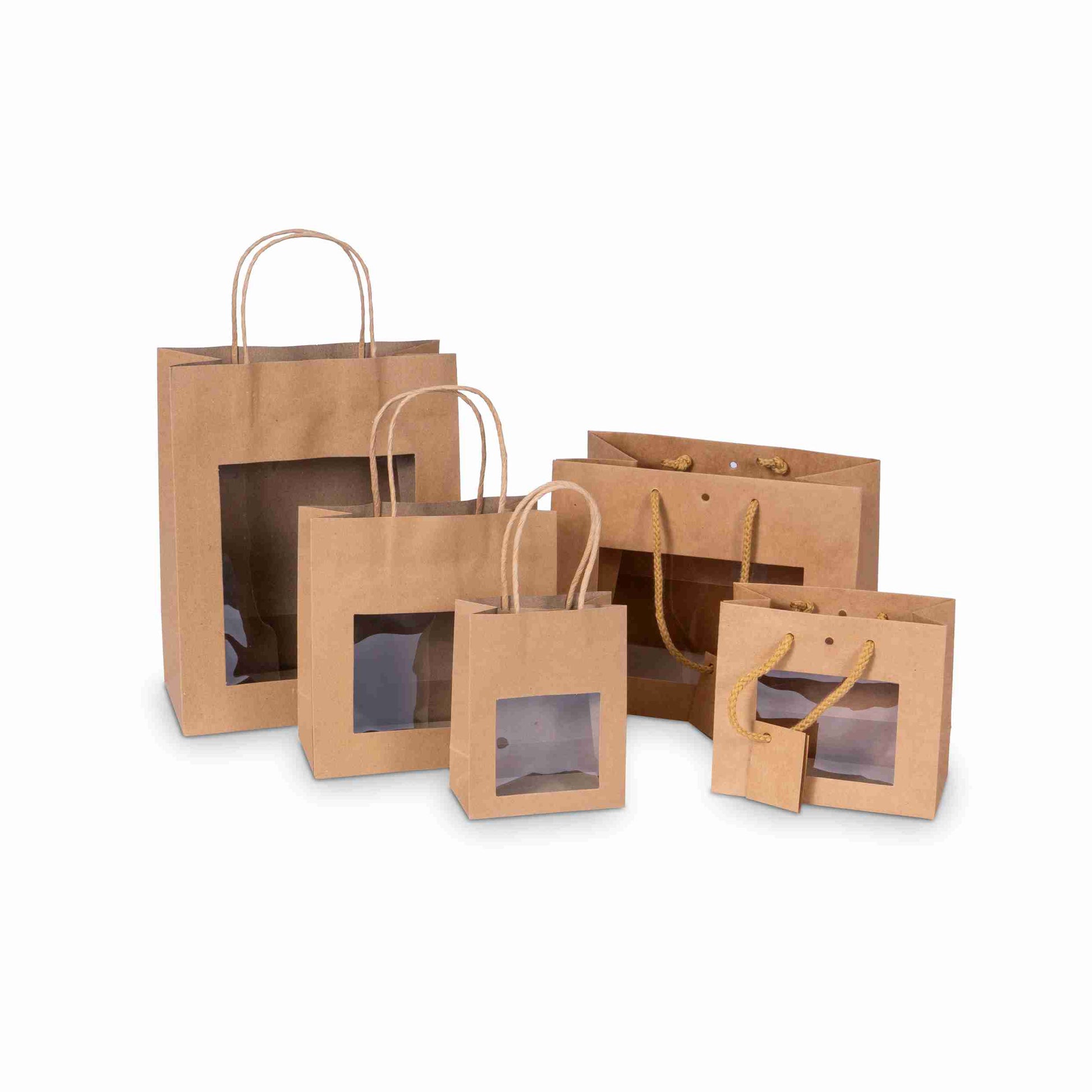 Geschenktasche Papier braun – 115 × 67 × 147 mm – mit Sichtfenster – 1 Stk., ab 400 Stk.