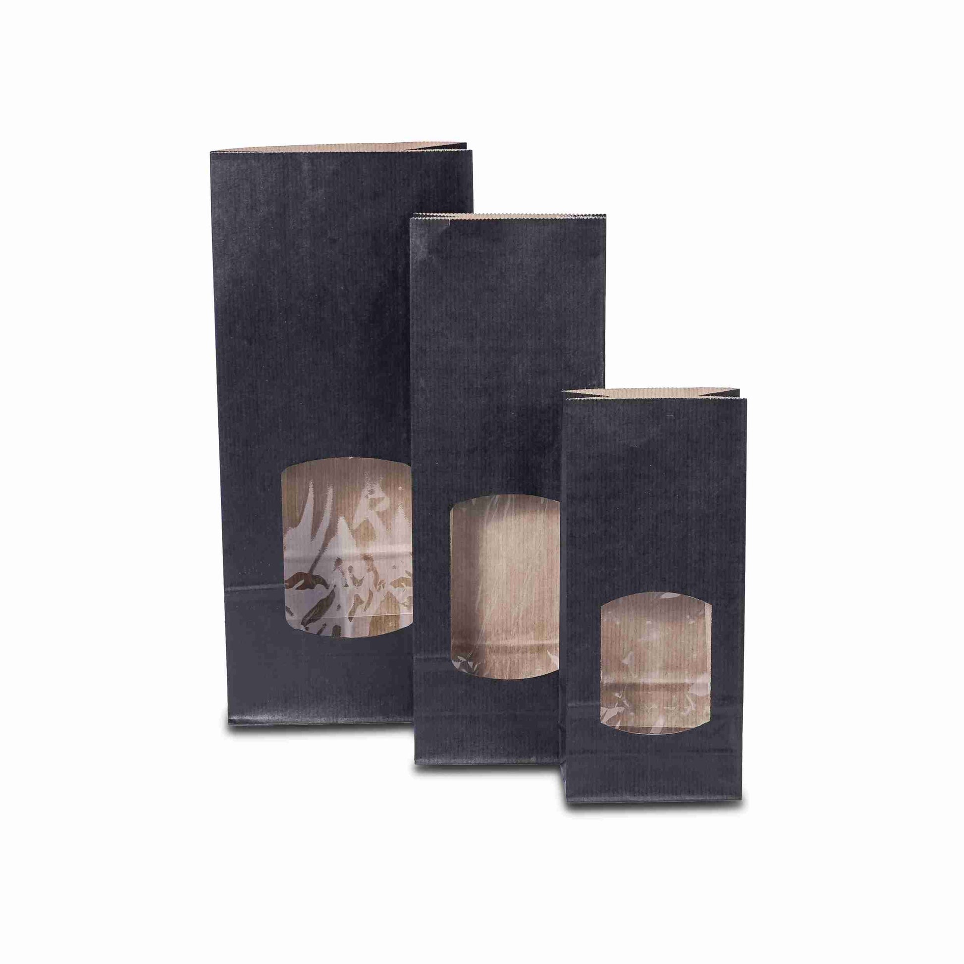 Model Mehrzweckbeutel – 100 × 55 × 290 mm, schwarz, Kraftpapier, Sichtfenster – 1 Stk., ab 100 Stk.