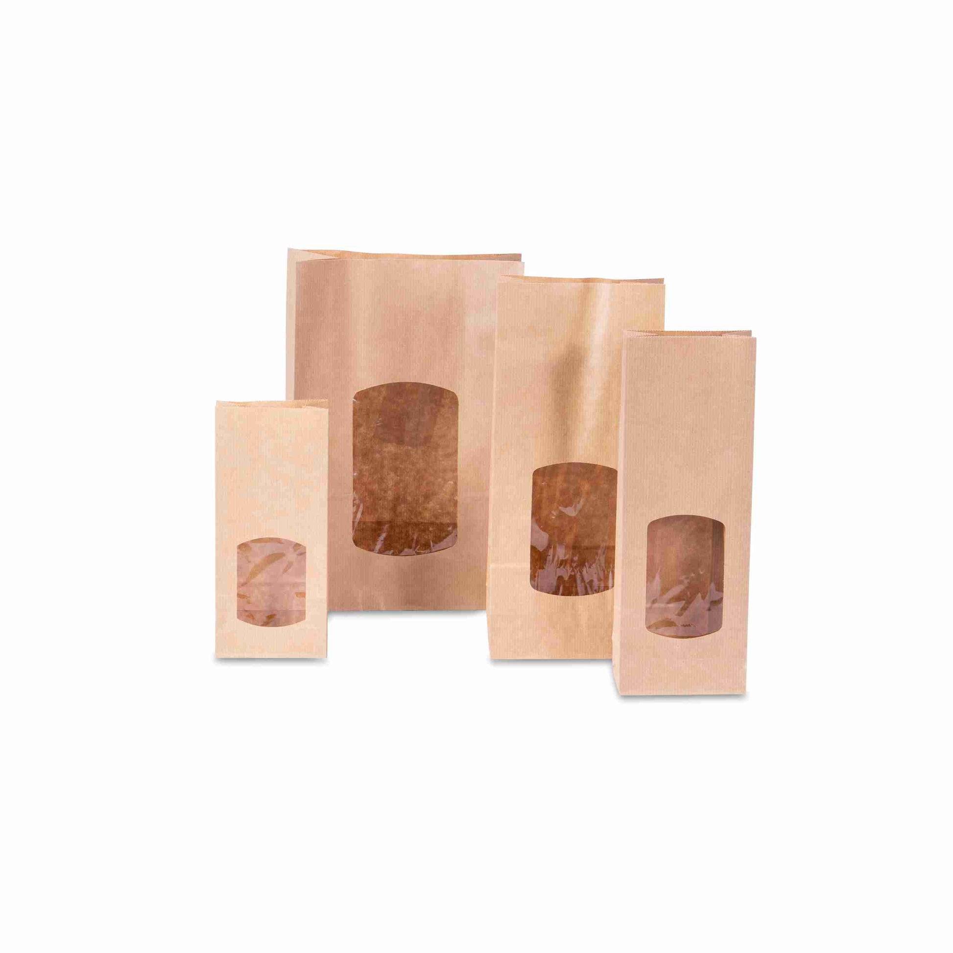 Model Geschenkbeutel Kraftpapier braun – 85 × 210 × 50 mm – mit Sichtfenster, lebensmittelecht – 1 Stk., ab 100 Stk.