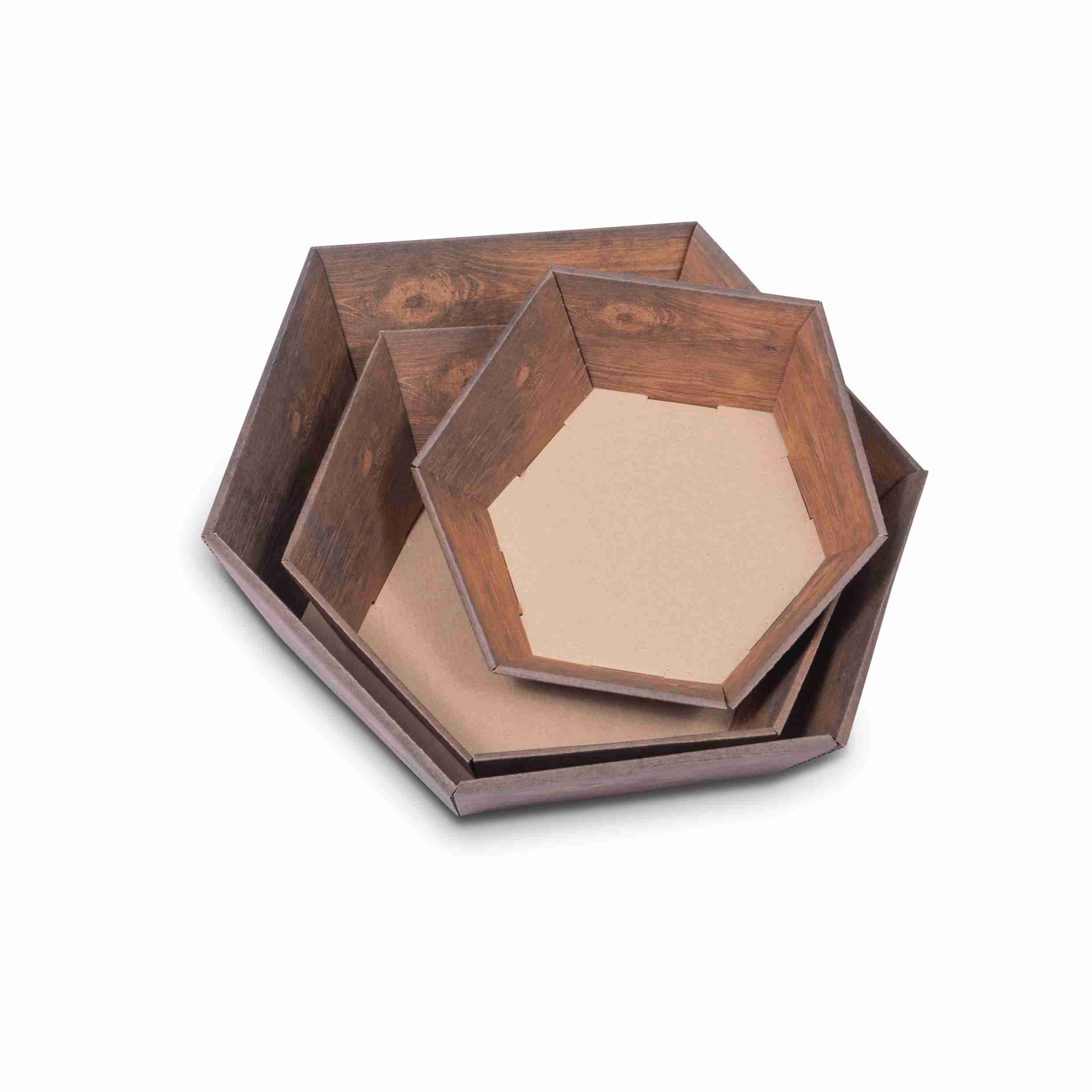 Model Geschenkkorb sechseckig dunkle Holzoptik – Innenmass 155 × 74 × 162 mm – 1 Stk., ab 25 Stk.