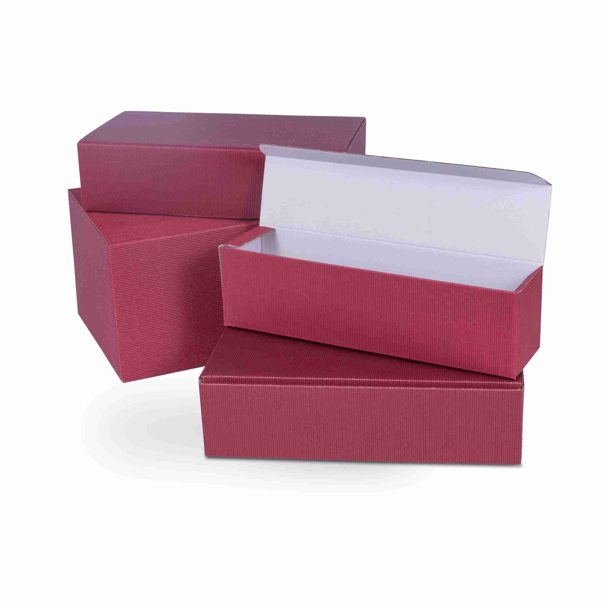 Model Weinpräsentkarton Offene Welle, Wellpappe, bordeaux – Innenmass 360 × 90 × 250 mm – für 3 Flaschen (0,75 – 1 Palette (500 Stk.)