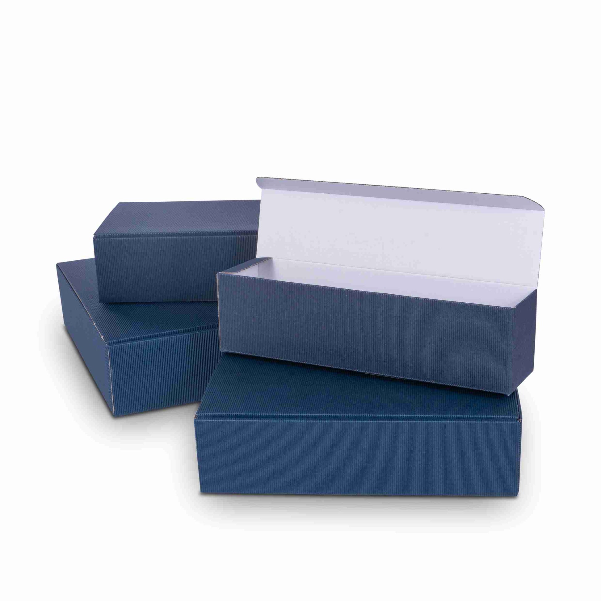 Model Weinpräsentkarton offene Welle Wellpappe dunkelblau – Innenmass 250 × 360 × 90 mm – für 3 Flaschen – 1 Stk., ab 20 Stk.