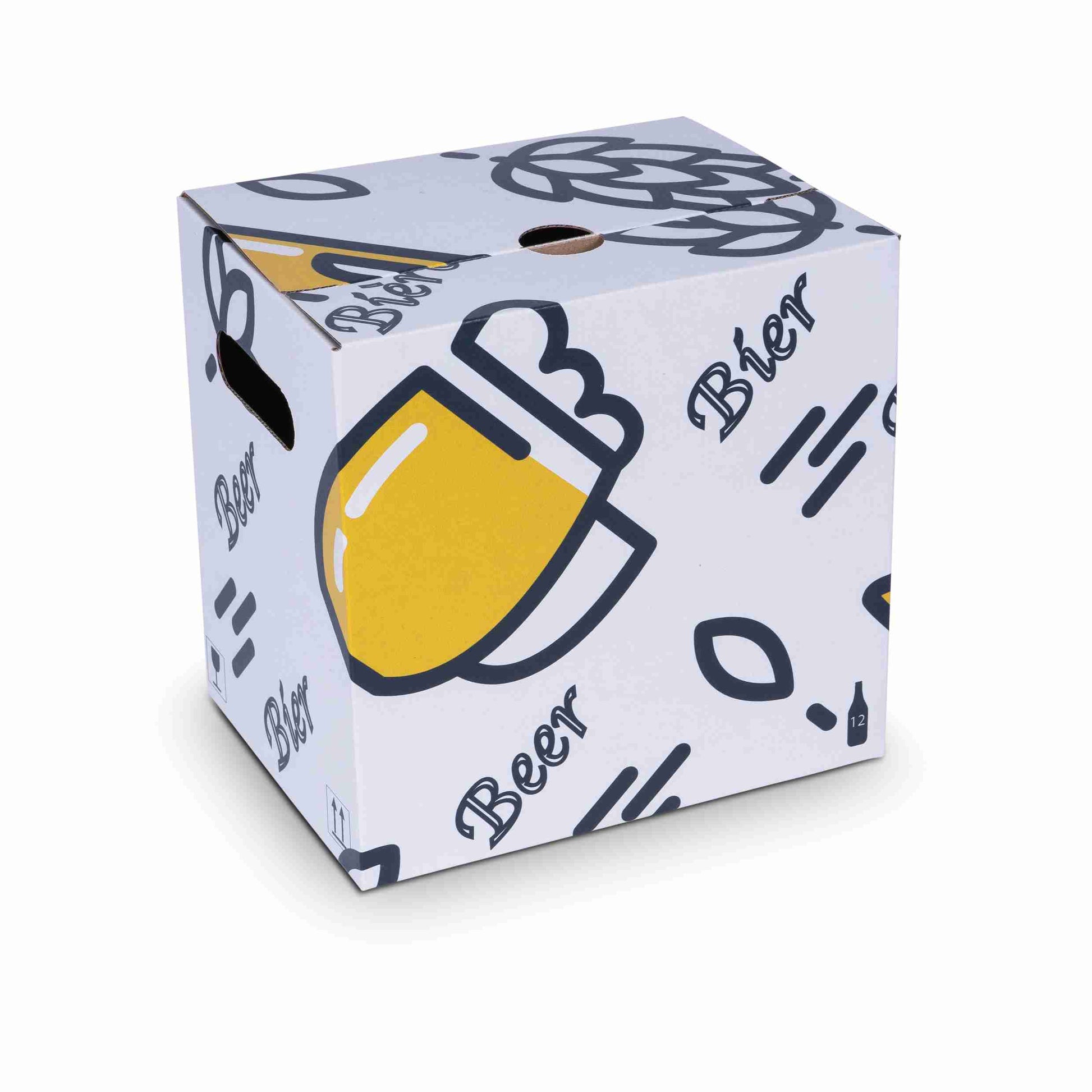 Präsentkarton Wellpappe, weiss – Innenmass 240 × 235 × 180 mm – mit Grifflöchern – für 12 Flaschen 0,33 l – 1 Stk., ab 50 Stk.