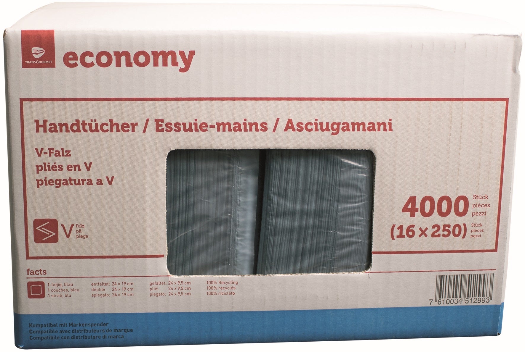 Neutral Falthandtücher V-Falz – 1-lagig, blau – 400 × 395 mm – für Tork H3/AQUARIUS/Katrin M