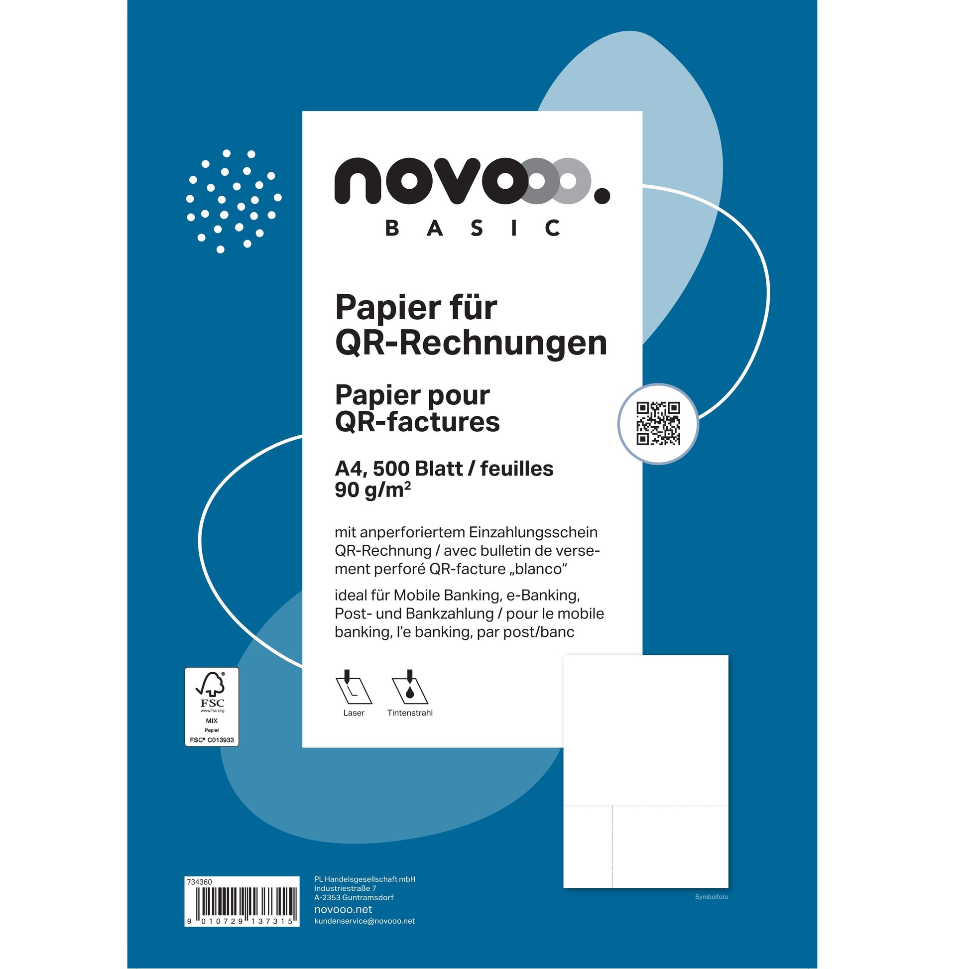 Novooo Einzahlungsschein QR – A4 – 90 g/m² – 500 Blatt, unbedruckt, perforiert, für Laser-/Inkjetdrucker