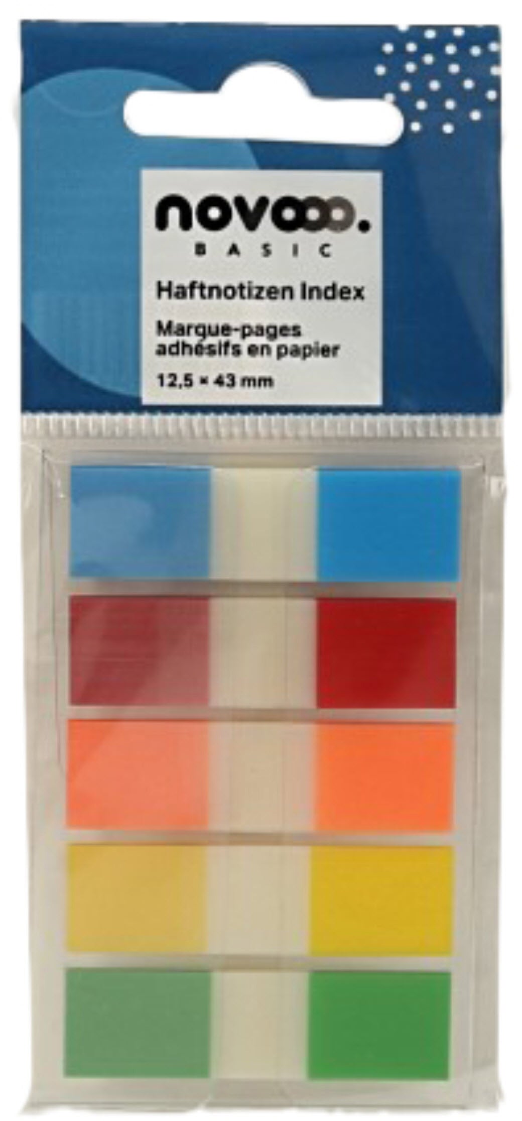 Novooo Markierstreifen/Index – 12,5 × 43 mm – sortiert, 5er-Pack, 26 Blatt
