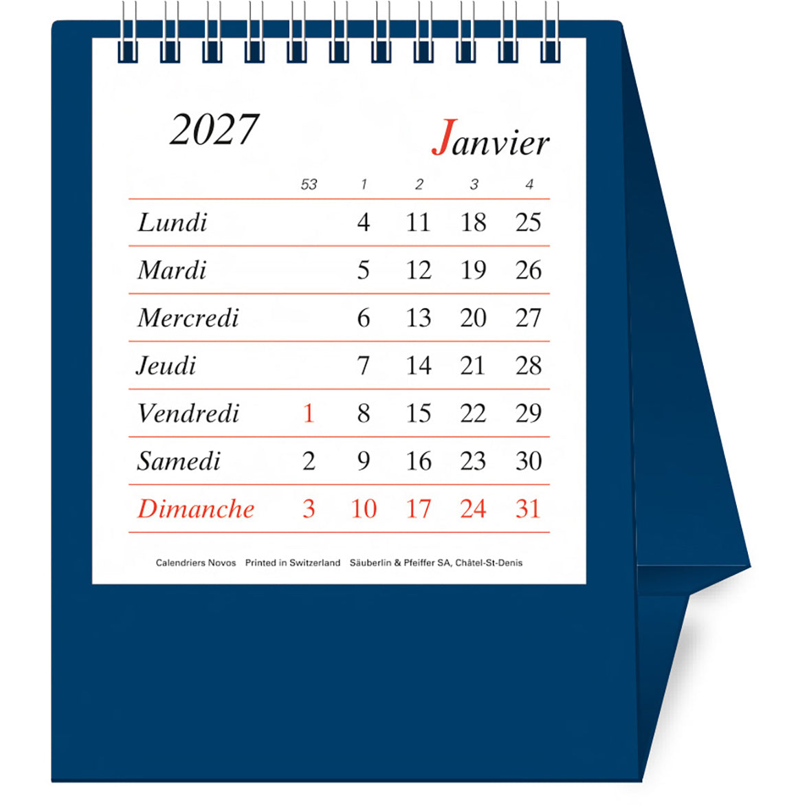 Novos Bristol F. – Tischkalender 2027, 1 Monat/1 Seite, 11,5 × 14 cm, Französisch, Dunkelblau