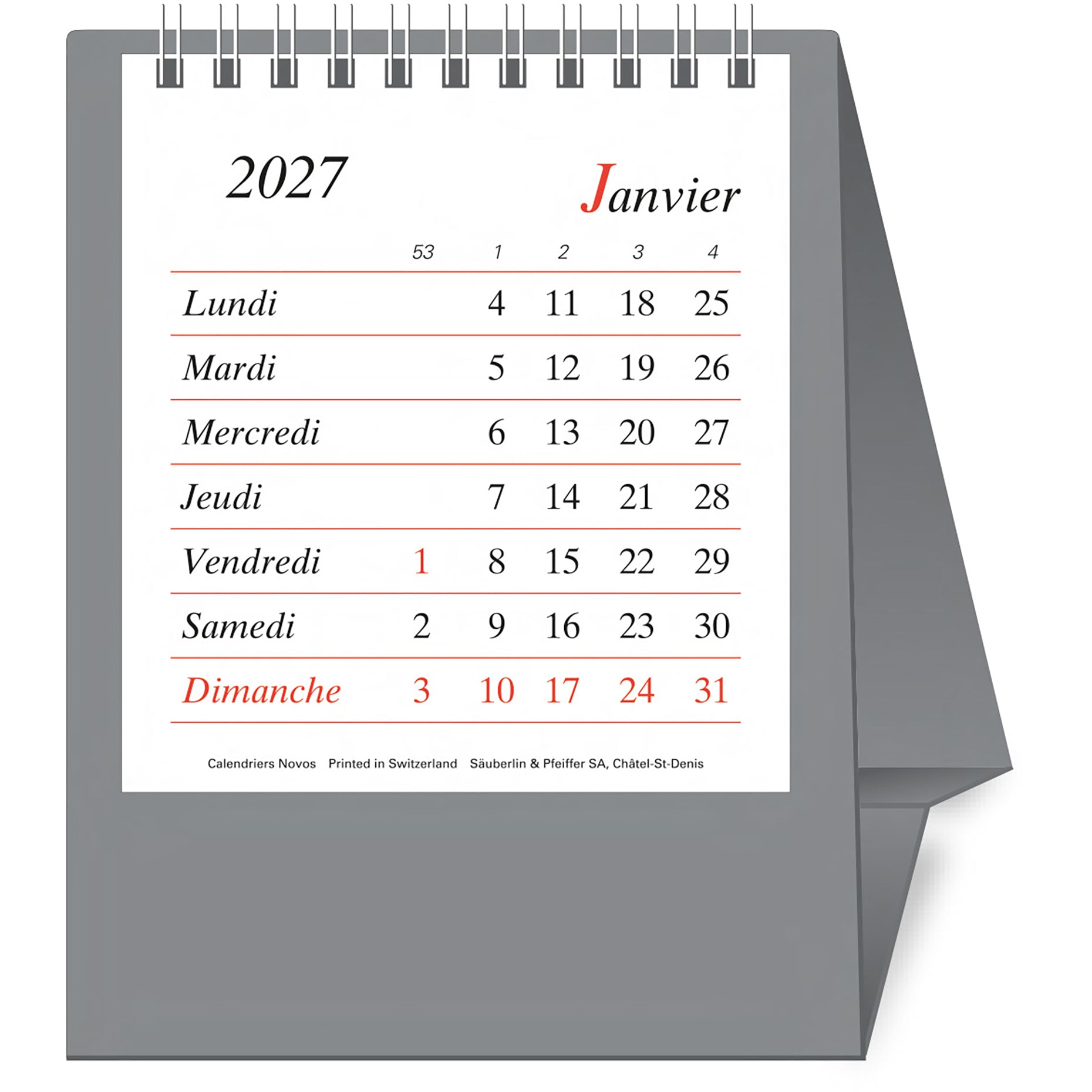 Novos Pro Bristol F. – Tischkalender 2027, 1 Monat/1 Seite, 11,5 × 14 cm, silber