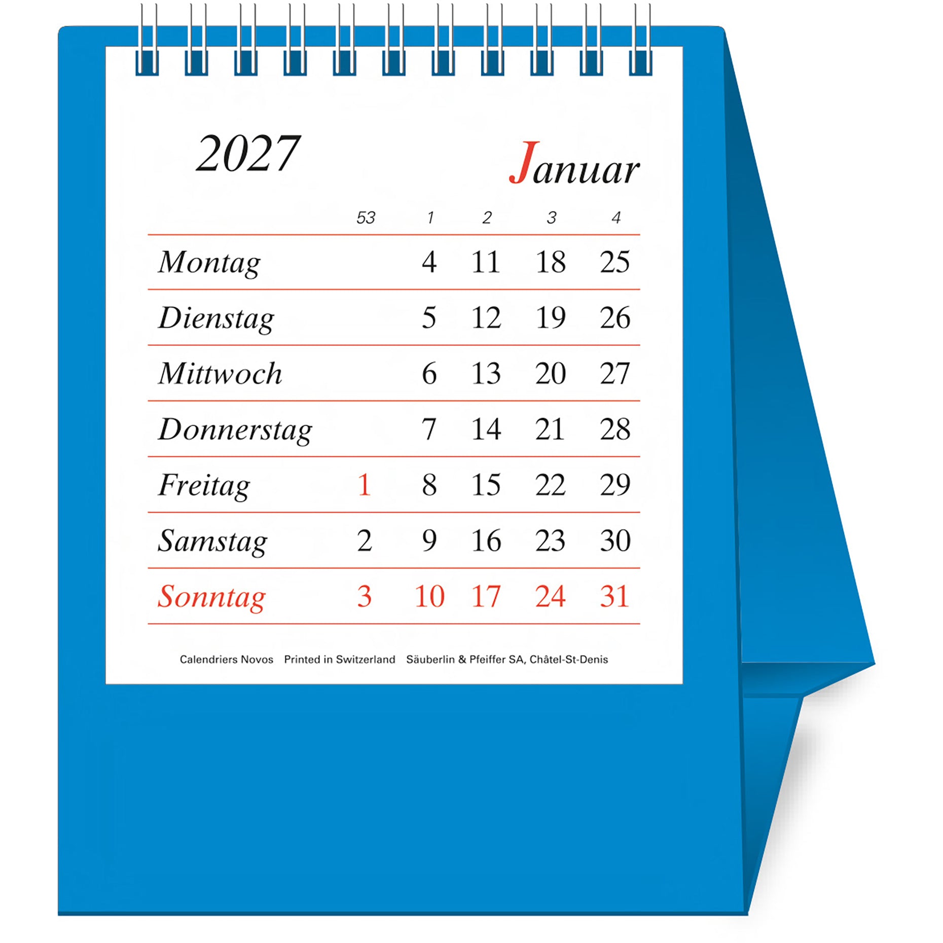 Novos Pultkalender Bristol D. – 1 Monat/Seite, 11,2 × 19,6 cm, 2027, d, hellblau