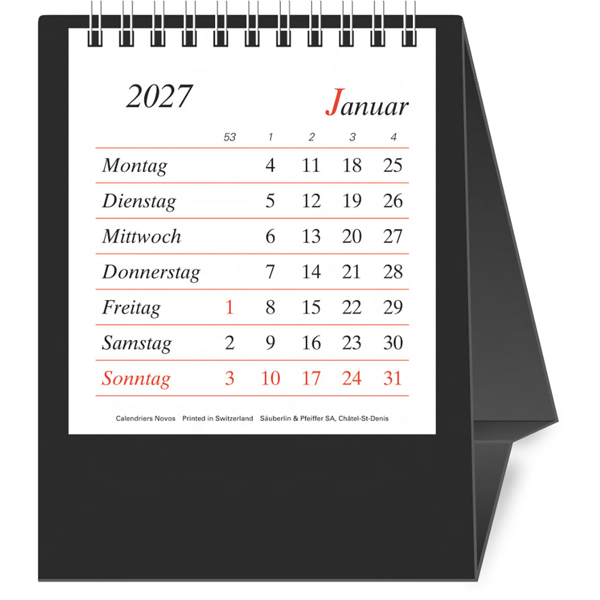 Novos Bristol D. Tischkalender – 1 Monat/Seite, 19,7 × 4,2 cm, 2027, d, schwarz