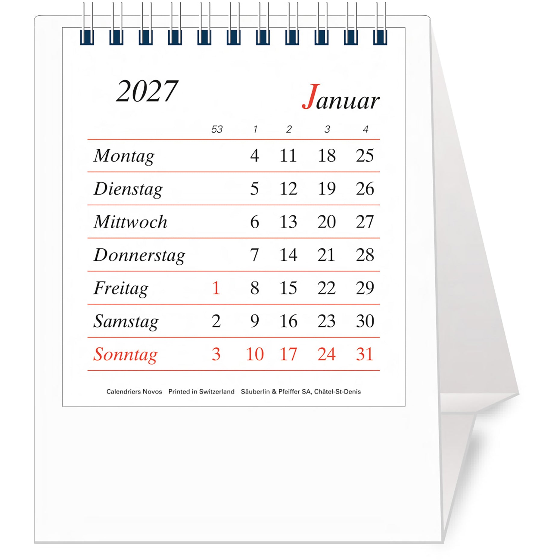 Novos Bristol D. – Tischkalender 2027, 1 Monat/1 Seite, 11,5 × 14 cm, weiss