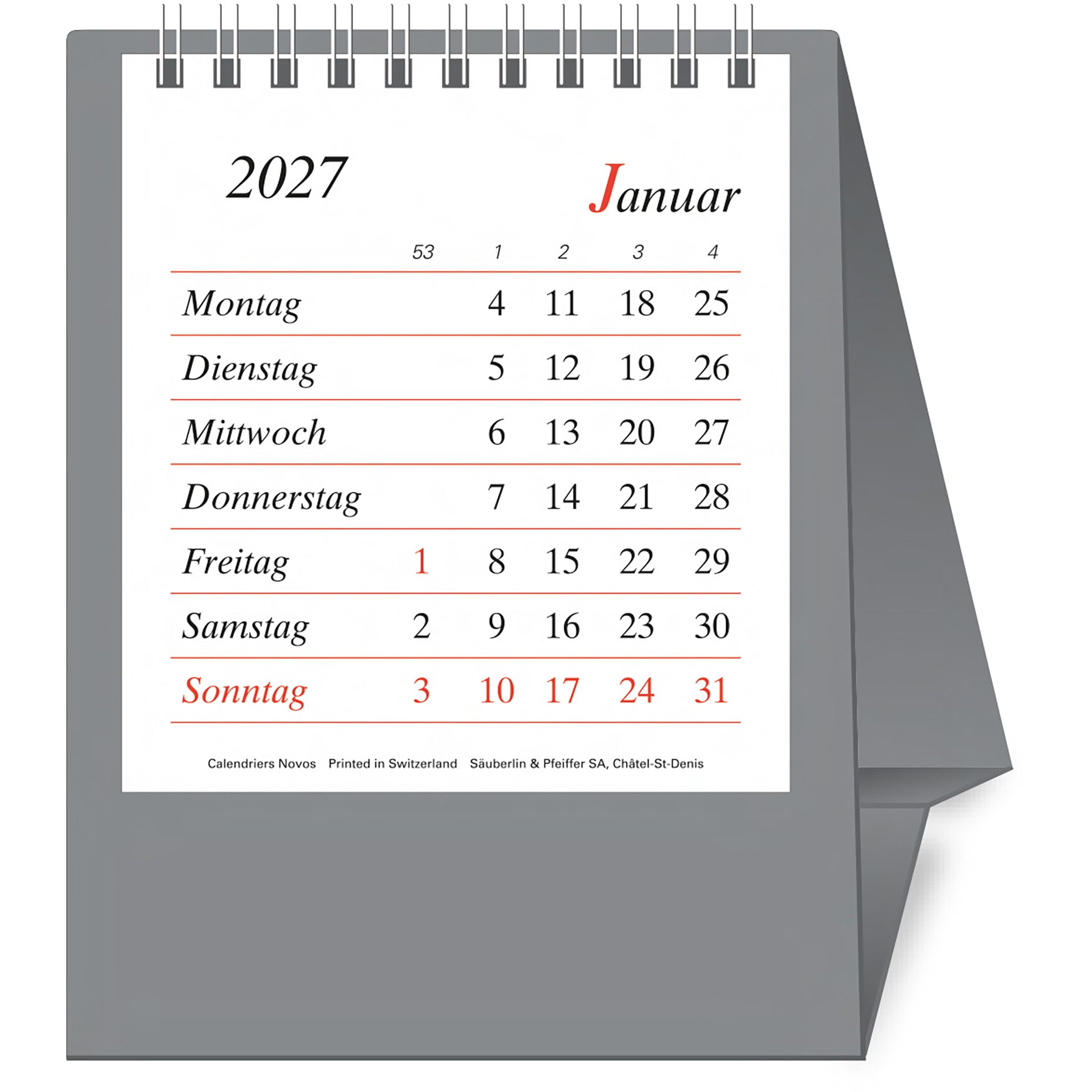 Novos Pultkalender Pro Bristol D. – 1 Monat/Seite, 11,5 × 14 cm, 2027, d, silber