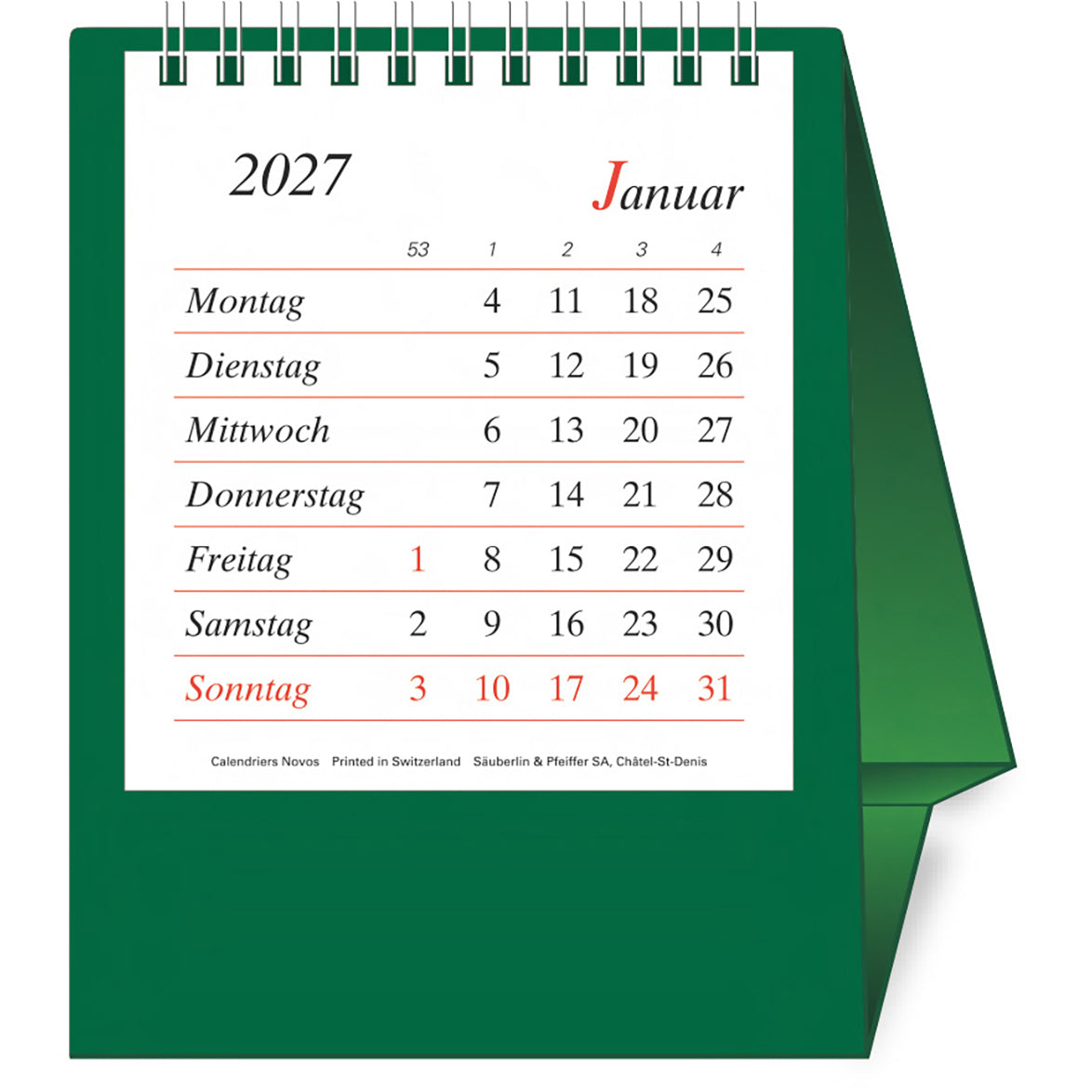 Novos Bristol D. – Tischkalender 2027, 1 Monat/1 Seite, 11,5 × 14 cm, dunkelgrün