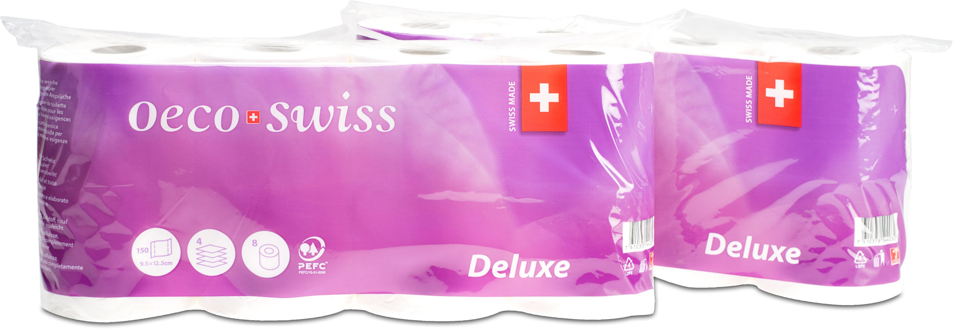 Oeco swiss Deluxe Toilettenpapier – 4-lagig, Zellstoff, 150 Blatt/Rolle – 8 Rollen