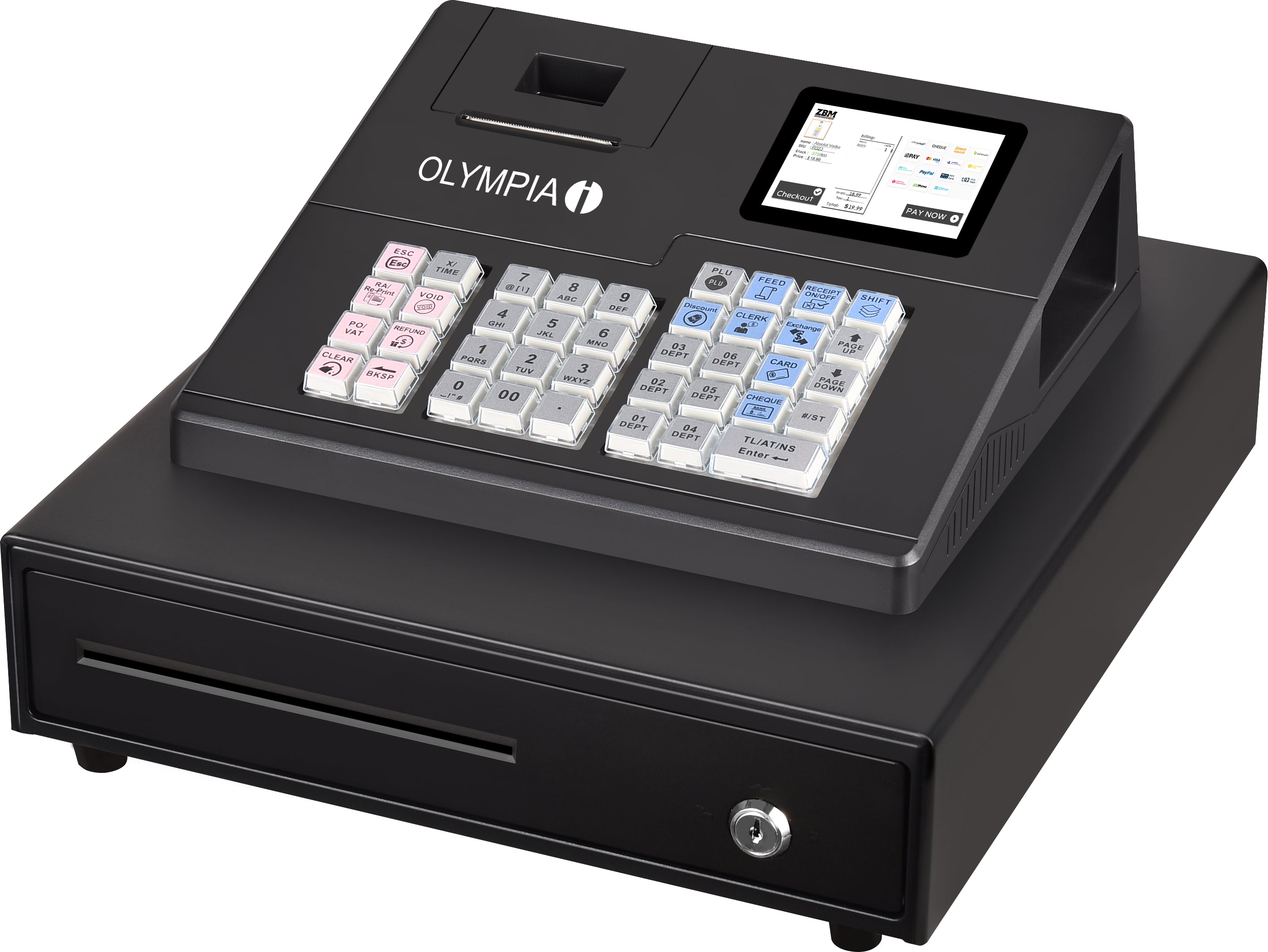 Olympia K100 Registrierkasse – Thermodruckwerk, 2000 Artikel, 50 Warengruppen, 8 Bediener, Schwarz