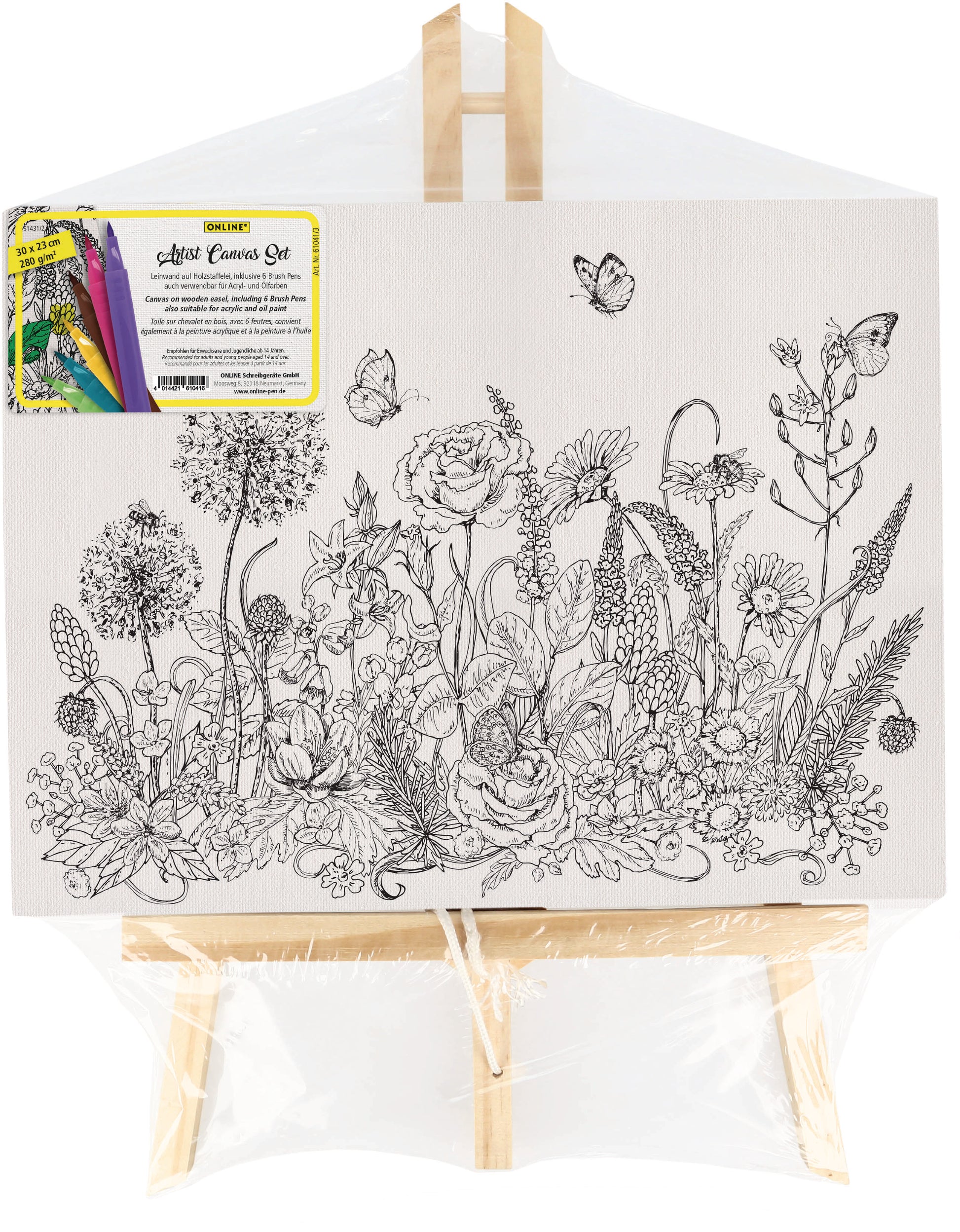 ONLINE Artist – Leinwand-Set auf Holzstaffelei – Flowers – 30 × 23 cm – inkl. 6 Brushpens – 61041/3