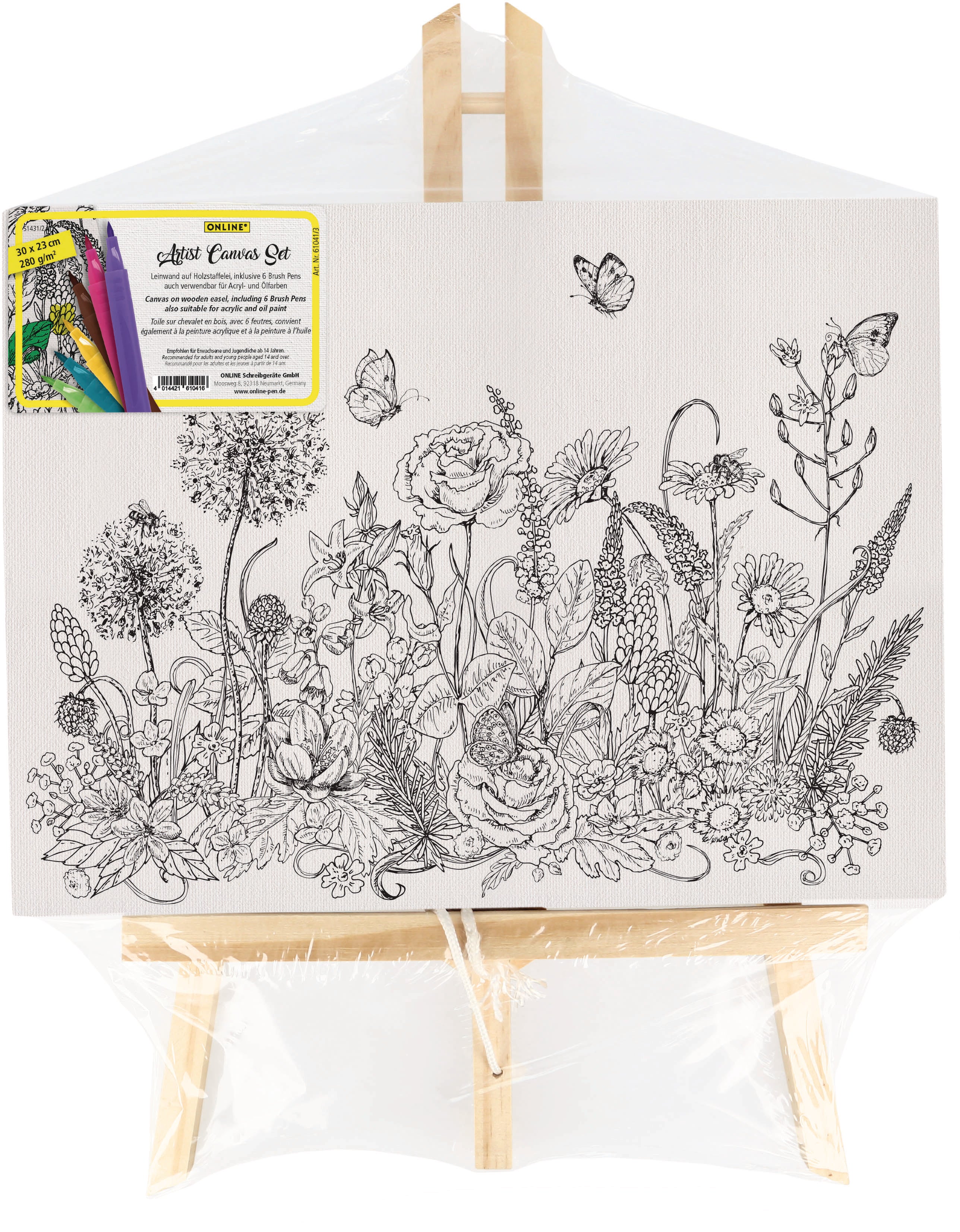 ONLINE Artist – Leinwand-Set auf Holzstaffelei – Flowers – 30 × 23 cm – inkl. 6 Brushpens – 61041/3