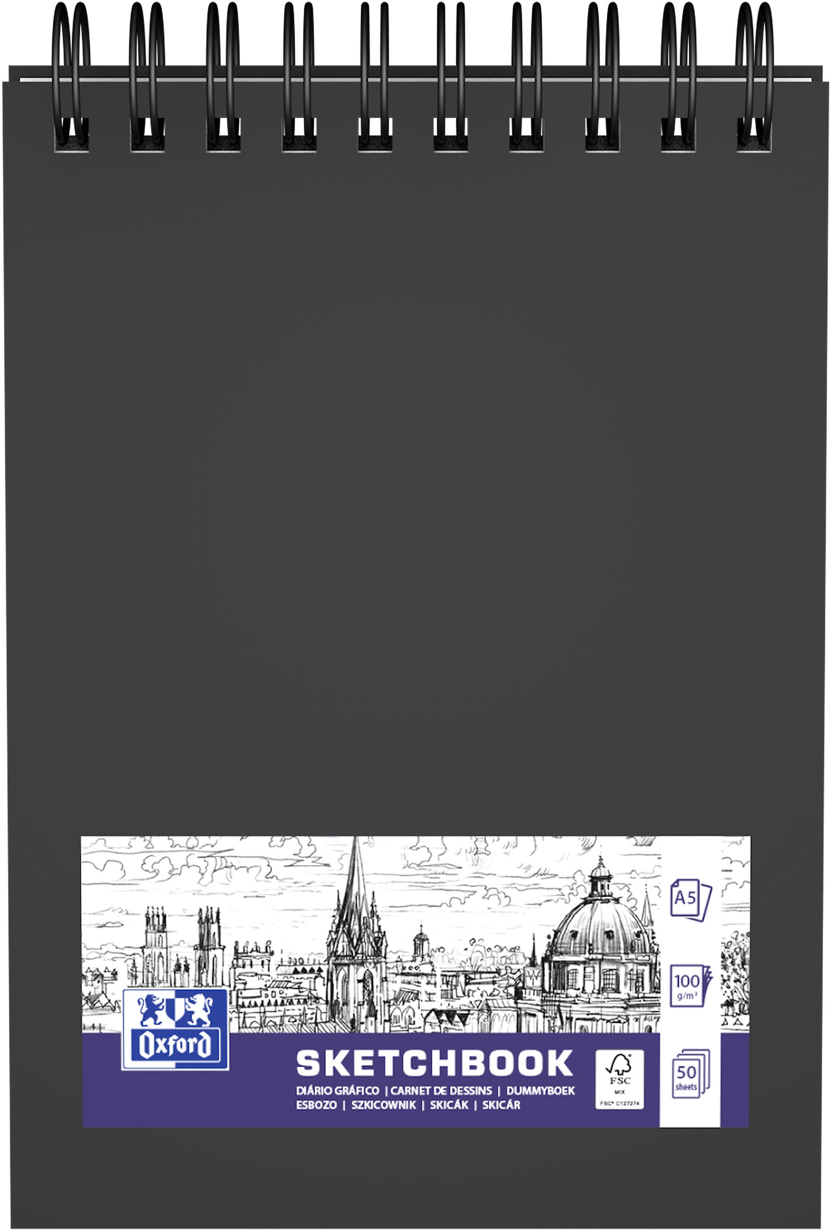 Elba Oxford Spiral-Skizzenbuch – 50 Blatt – Schwarz – für Bleistift, Filzstift & Tusche – mit Mikroperforation