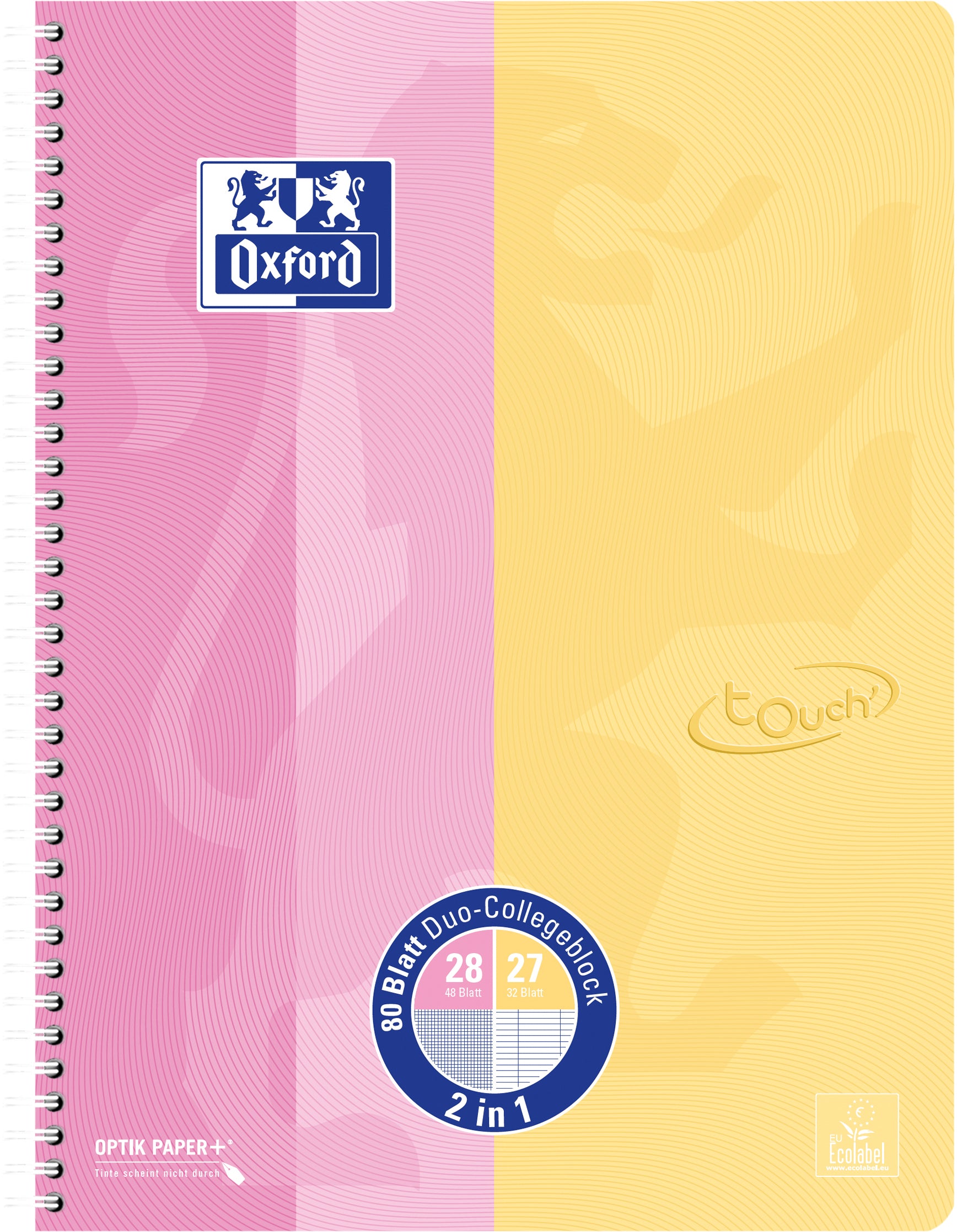 Elba Oxford Collegeblock – A4+ – 90 g/m² – Doppelspirale, Touch-Veredelung, abgerundete Ecken – Rosa/Gelb