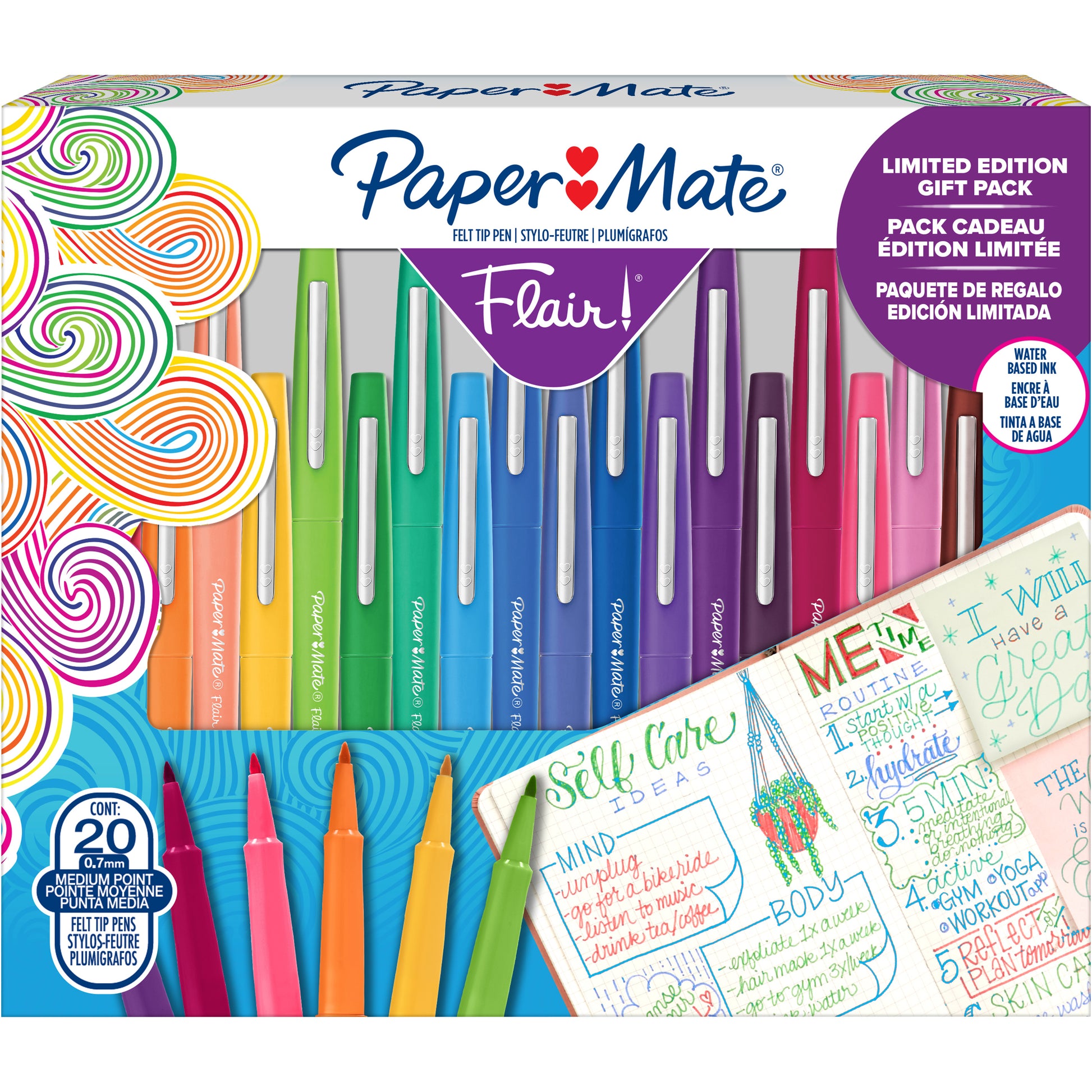 Papermate Flair Faserschreiber – Rundspitze, wasserbasiert, wischfest, 20 Farben