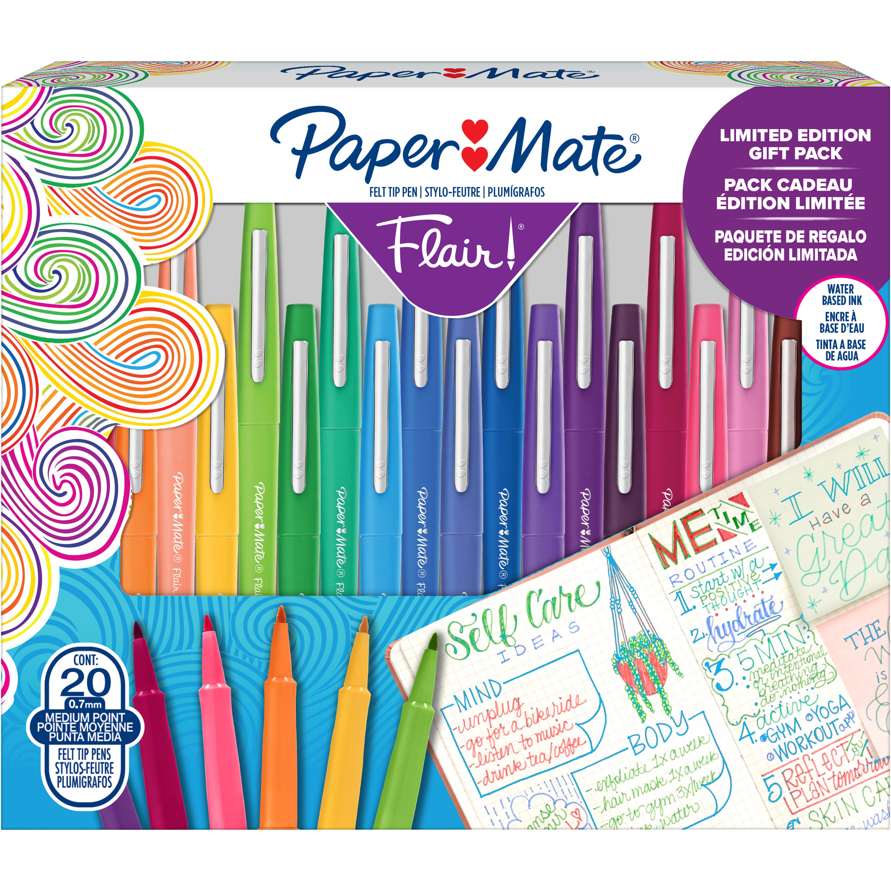 Papermate Flair Faserschreiber – Rundspitze, wasserbasiert, wischfest, 20 Farben