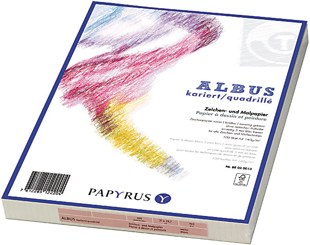 Papyrus Albus Zeichenpapier – A3, 140 g/m², strukturiert, kariert 5 mm, 100 Blatt, für Mixed Media