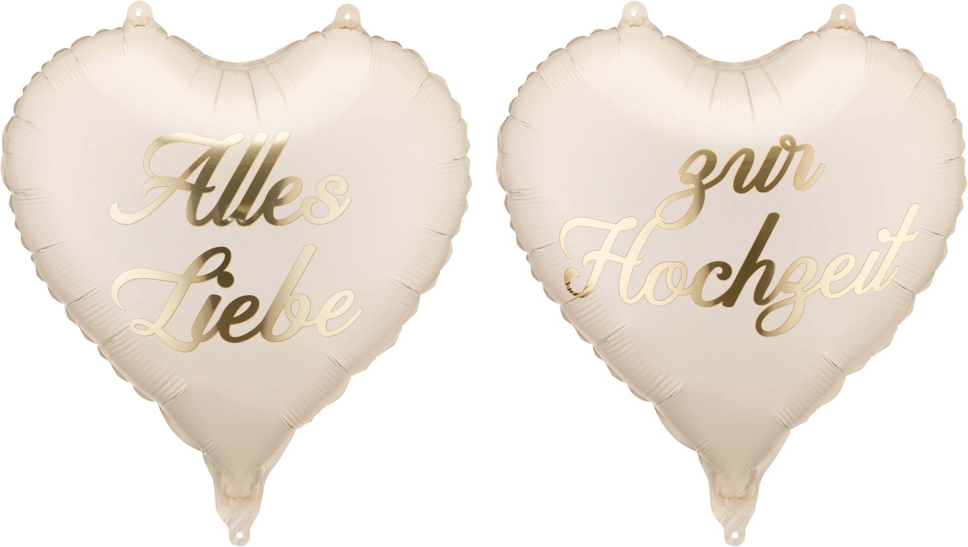 Partydeco Folienballon Herzen, Hochzeit – beige mit goldener Aufschrift – 45 × 35 cm – Folie – 2 Stk