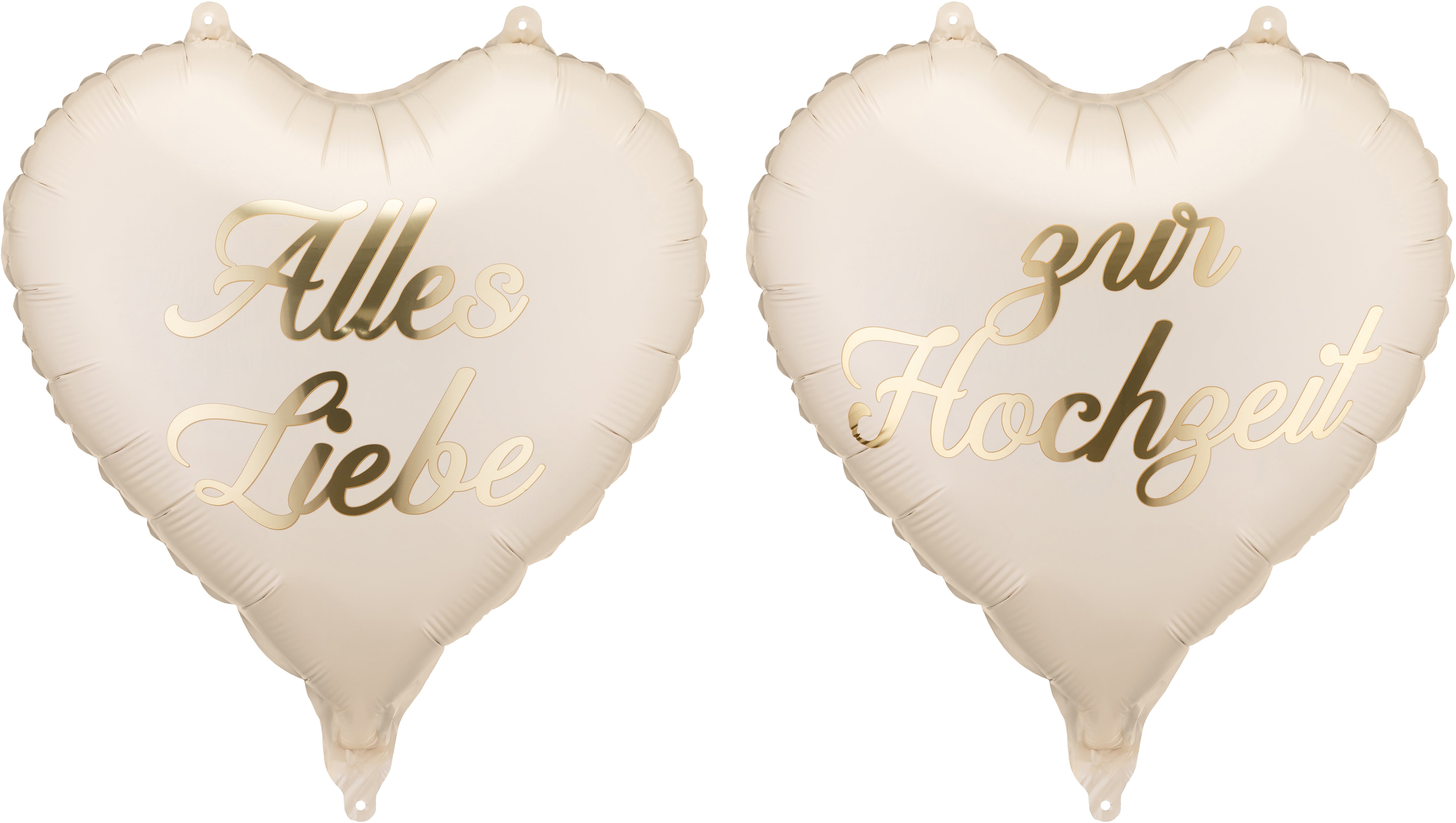 Partydeco Folienballon Herzen, Hochzeit – beige mit goldener Aufschrift – 45 × 35 cm – Folie – 2 Stk