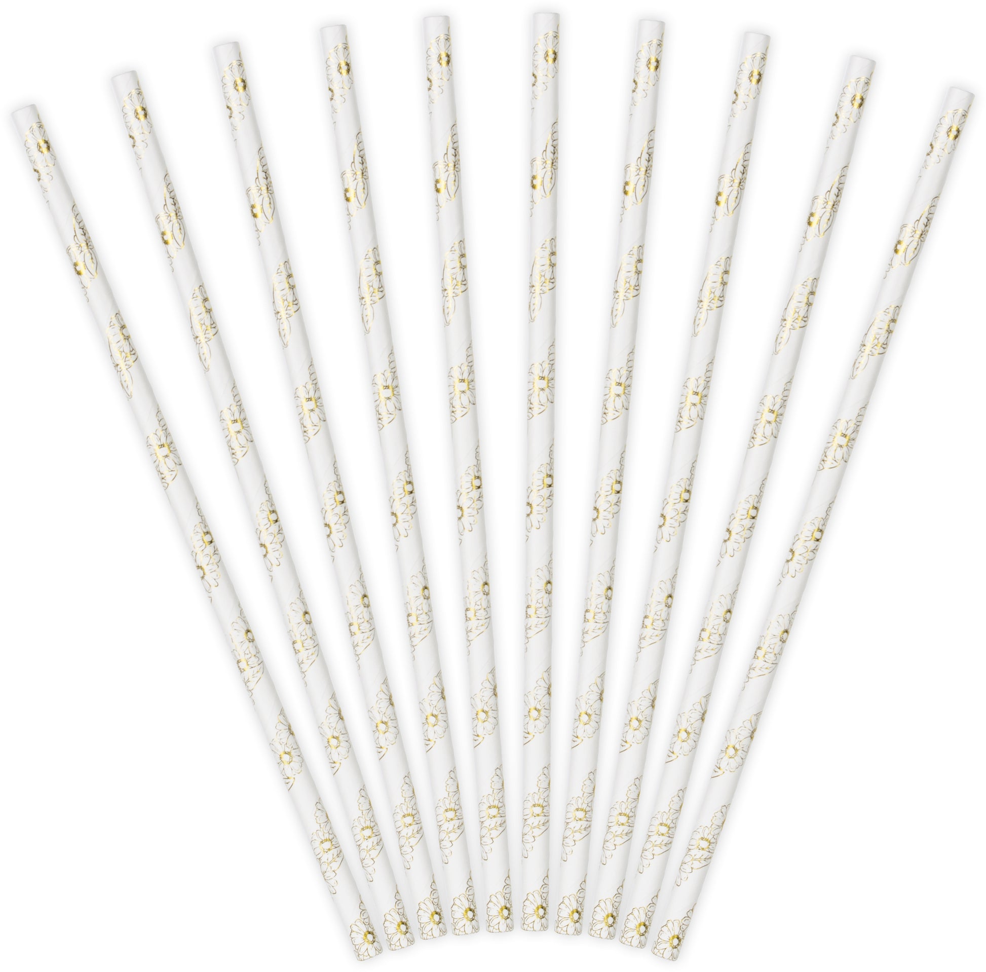 Partydeco Papier-/Kartonstrohhalme, 19,5 cm, weiss mit goldenen Gänseblümchen – 10 Stk.