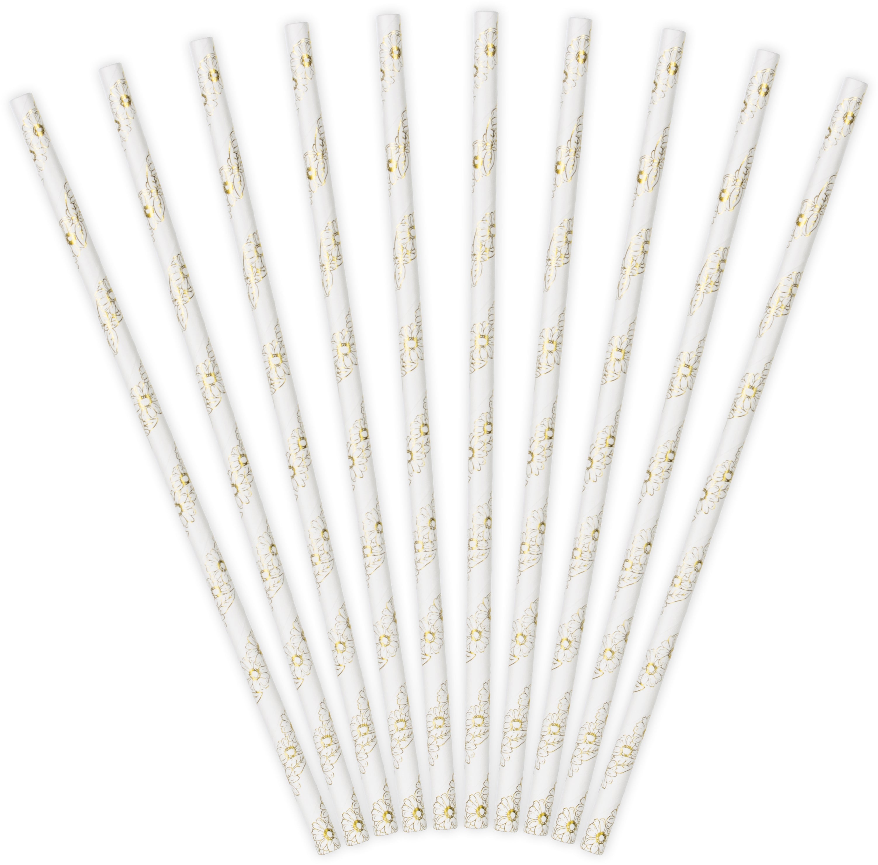 Partydeco Papier-/Kartonstrohhalme, 19,5 cm, weiss mit goldenen Gänseblümchen – 10 Stk.