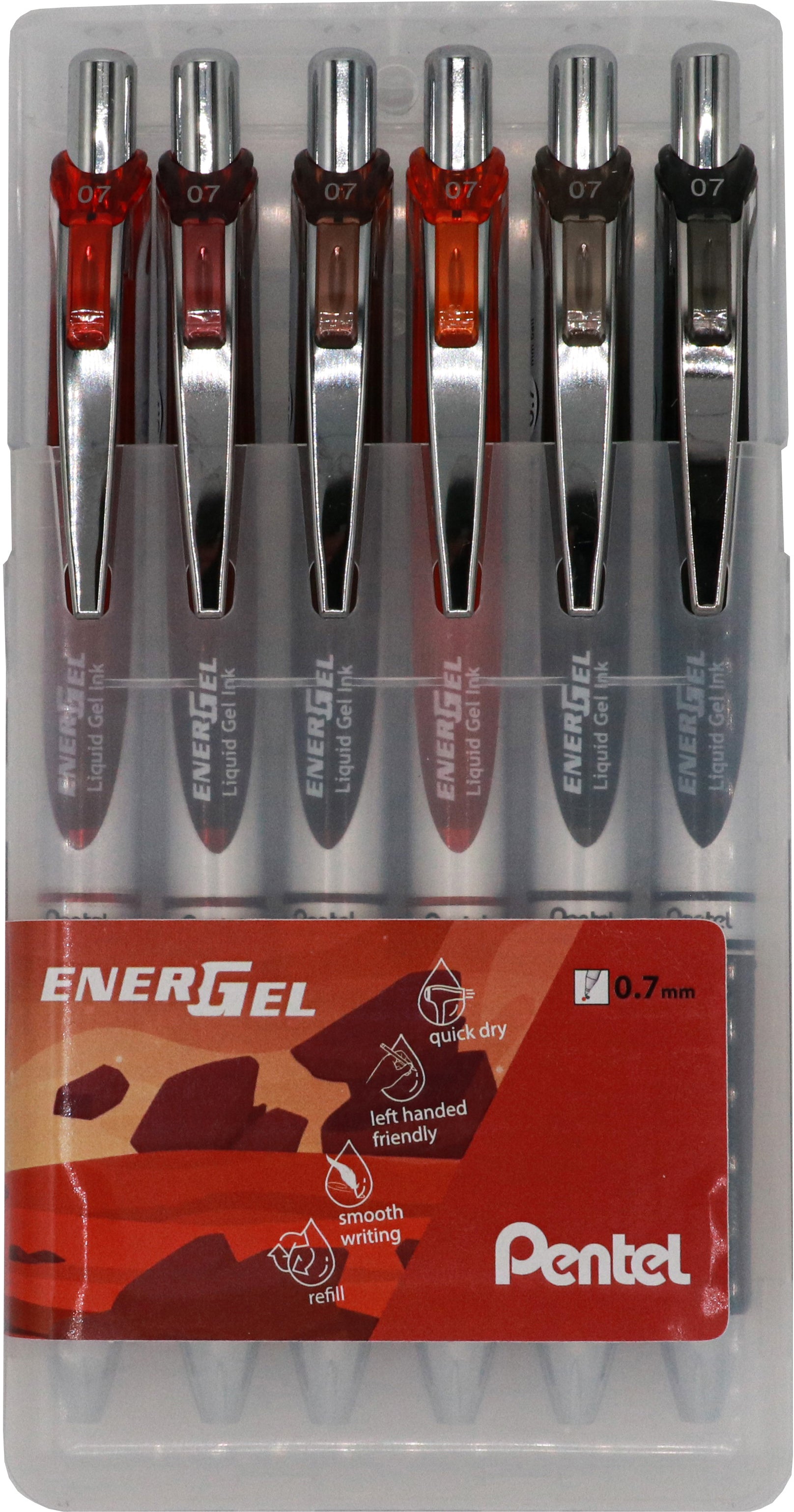 Pentel EnerGel BL77-6EA Earth Set – Tintenroller, 0,7 mm, sortiert, Druckmechanik, für Linkshänder – 6 Stk.